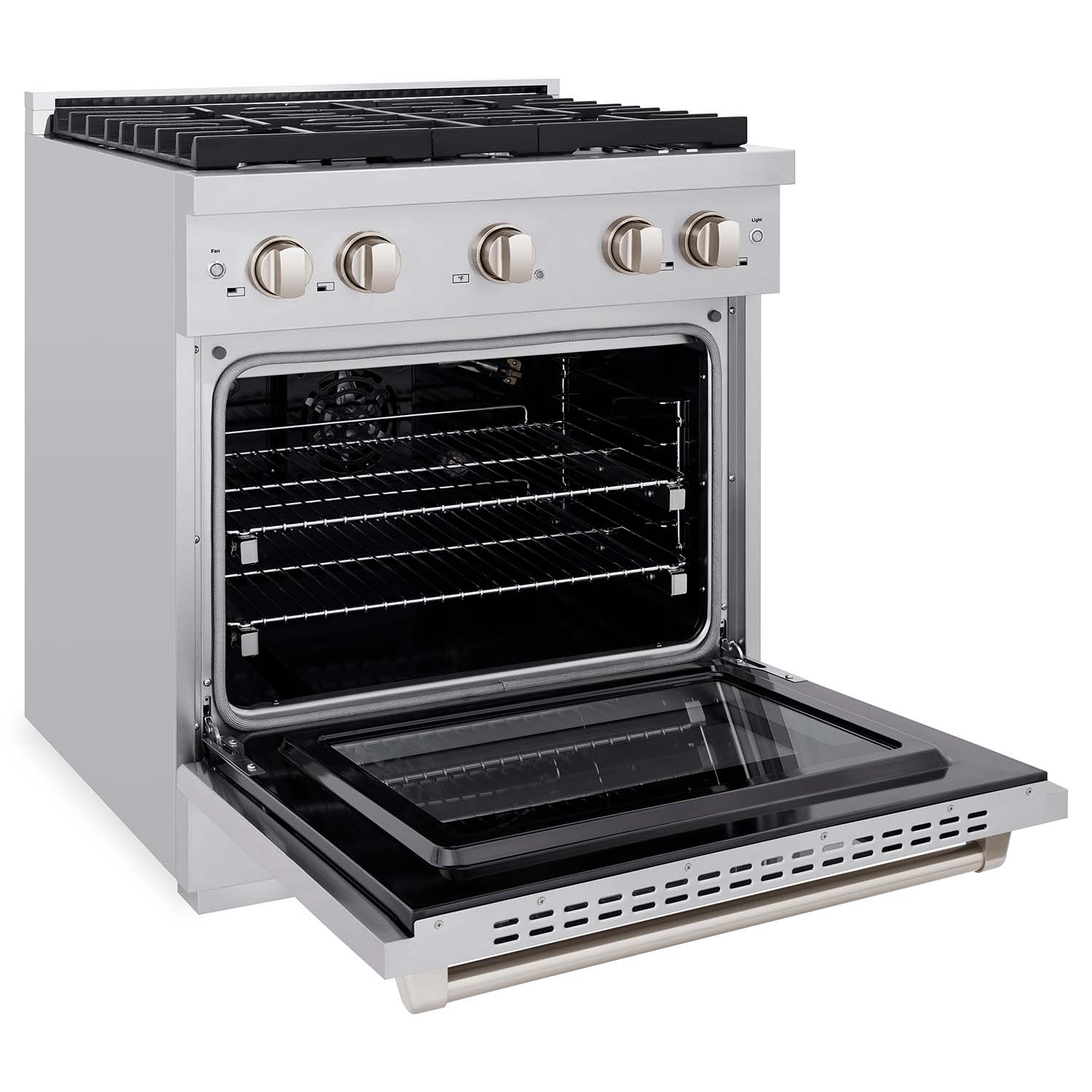 White gas range with open oven door, racks, and bottom tray