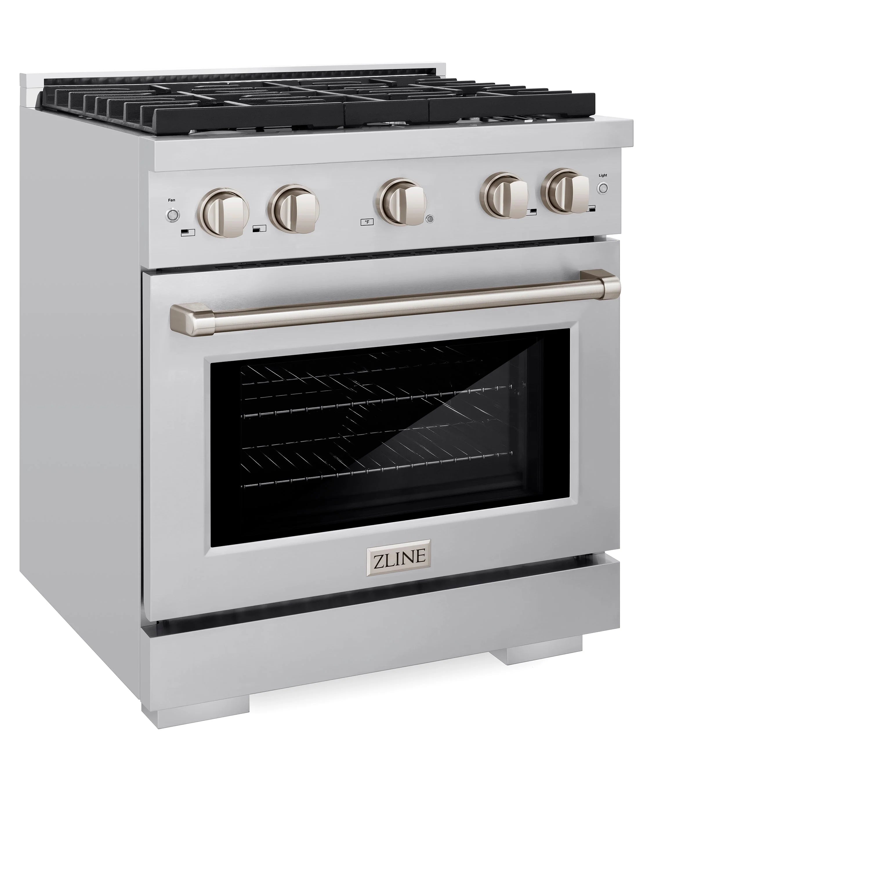 Stainless steel gas range with four burners, oven window, and front control knobs