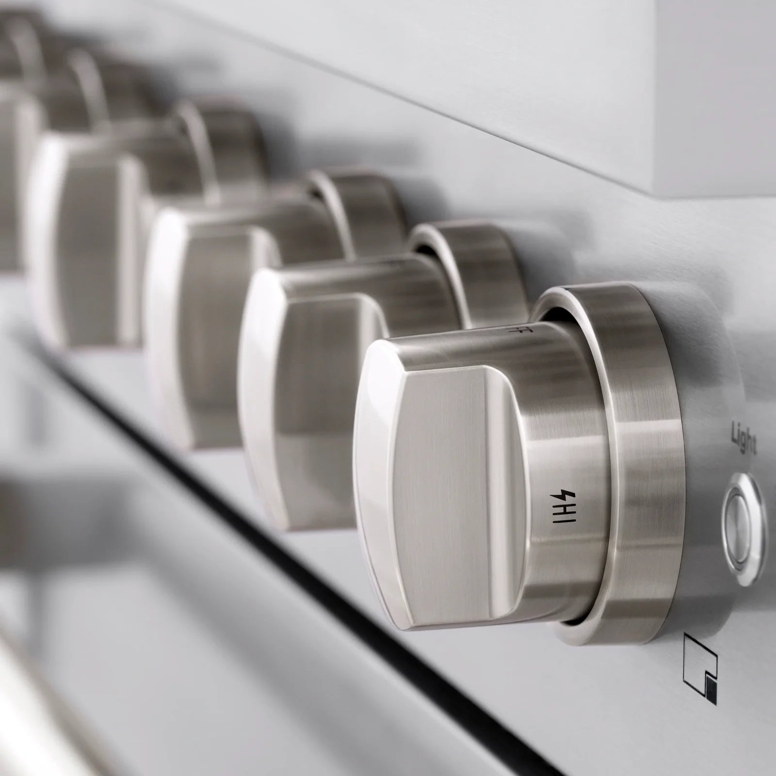 ZLINE gas range front control knobs in brushed stainless steel