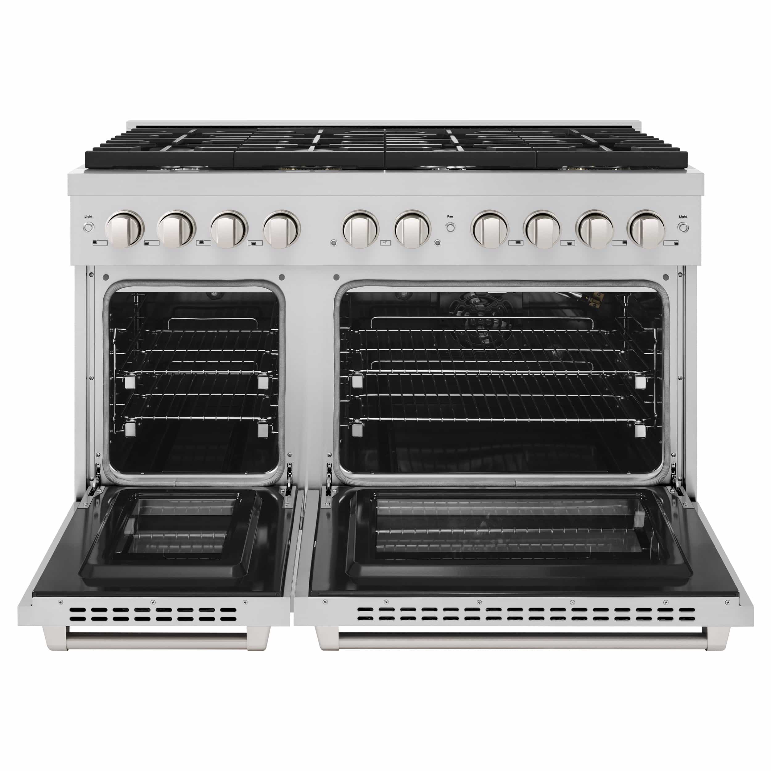 Stainless gas range with both oven doors open showing racks and interior ovens
