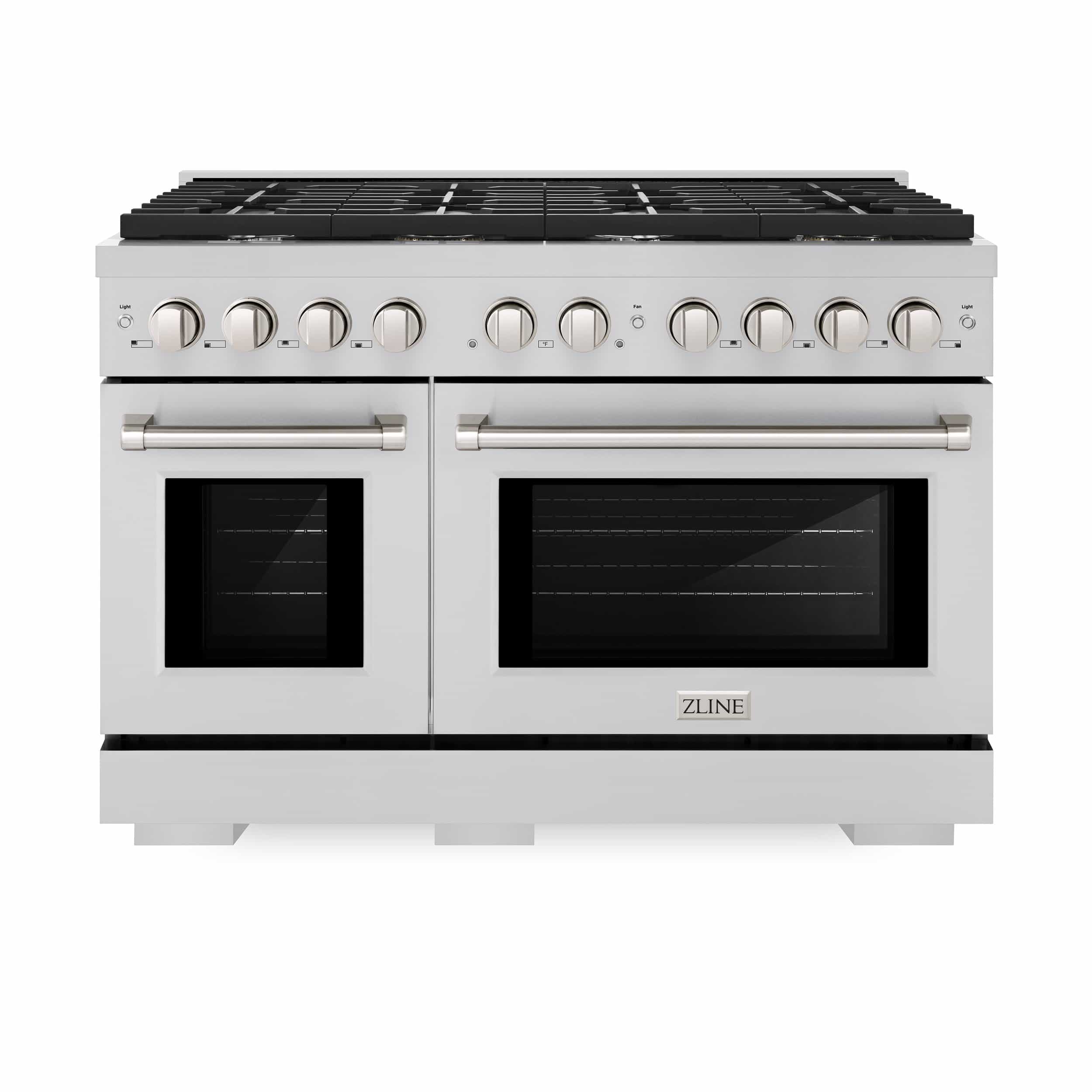 Stainless steel gas range front view with double oven doors and black cooktop surface