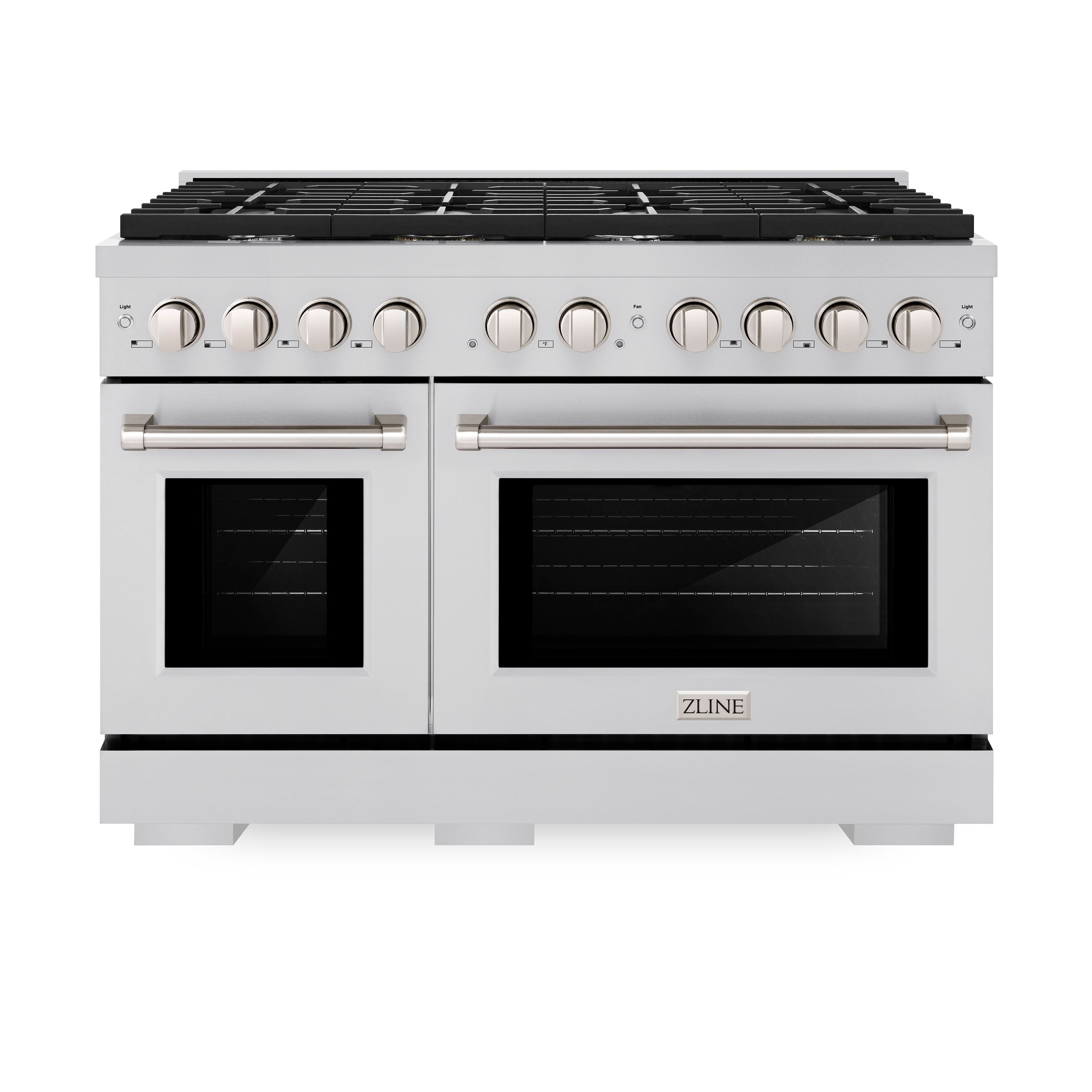 Stainless 48-inch gas range with two oven doors, knob controls, and dual handles