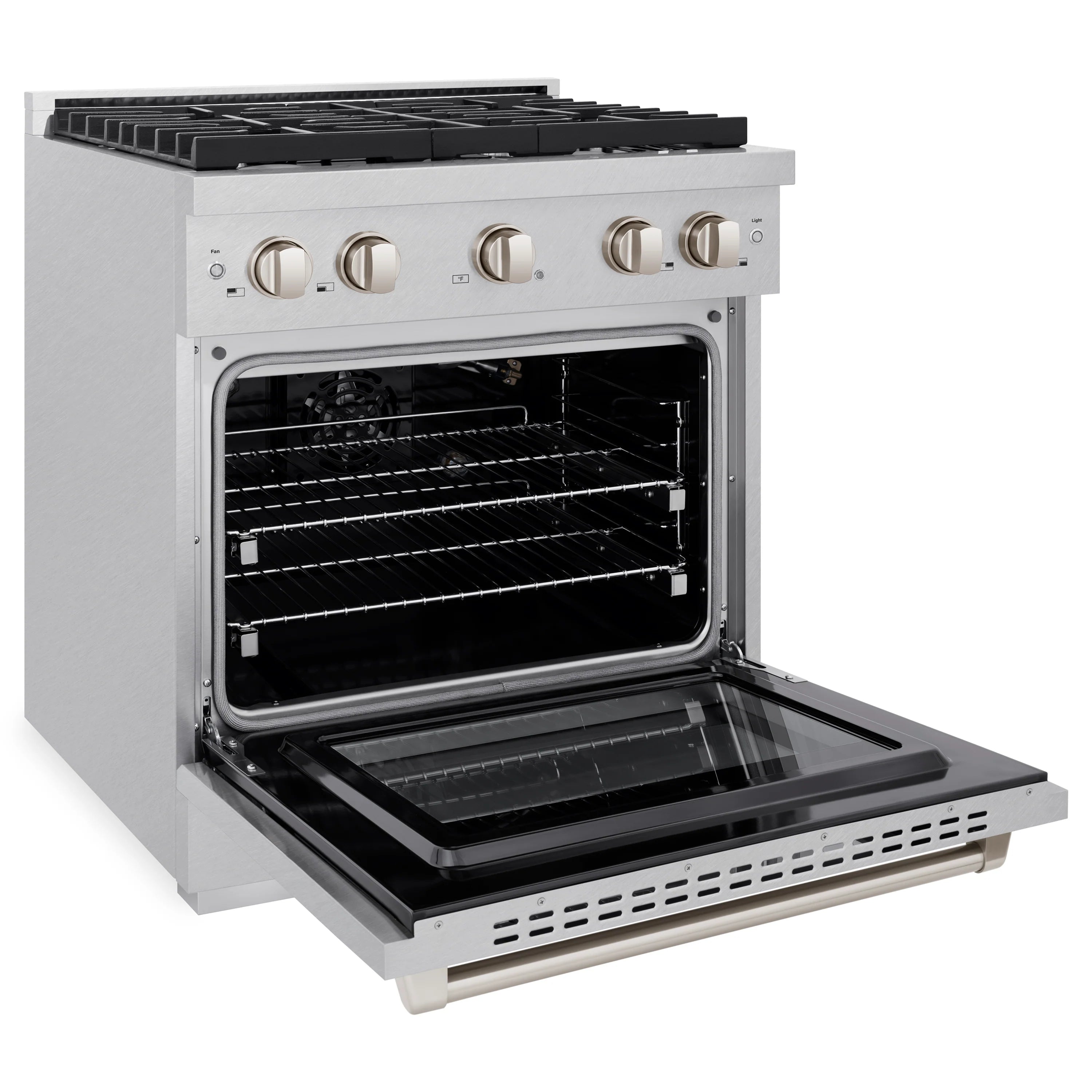Open convection gas oven with racks and broiler tray on stainless steel range