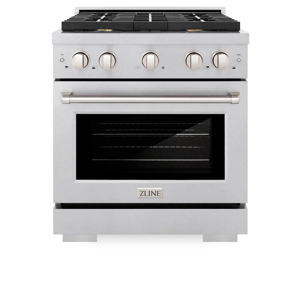 Stainless steel gas range with control knobs, long handle, and oven door window