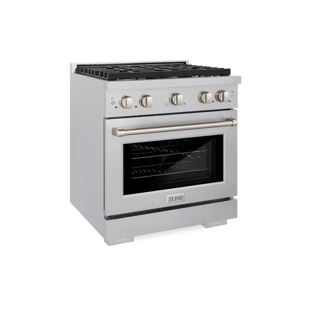 Satin stainless steel gas range with four burners and open convection oven door