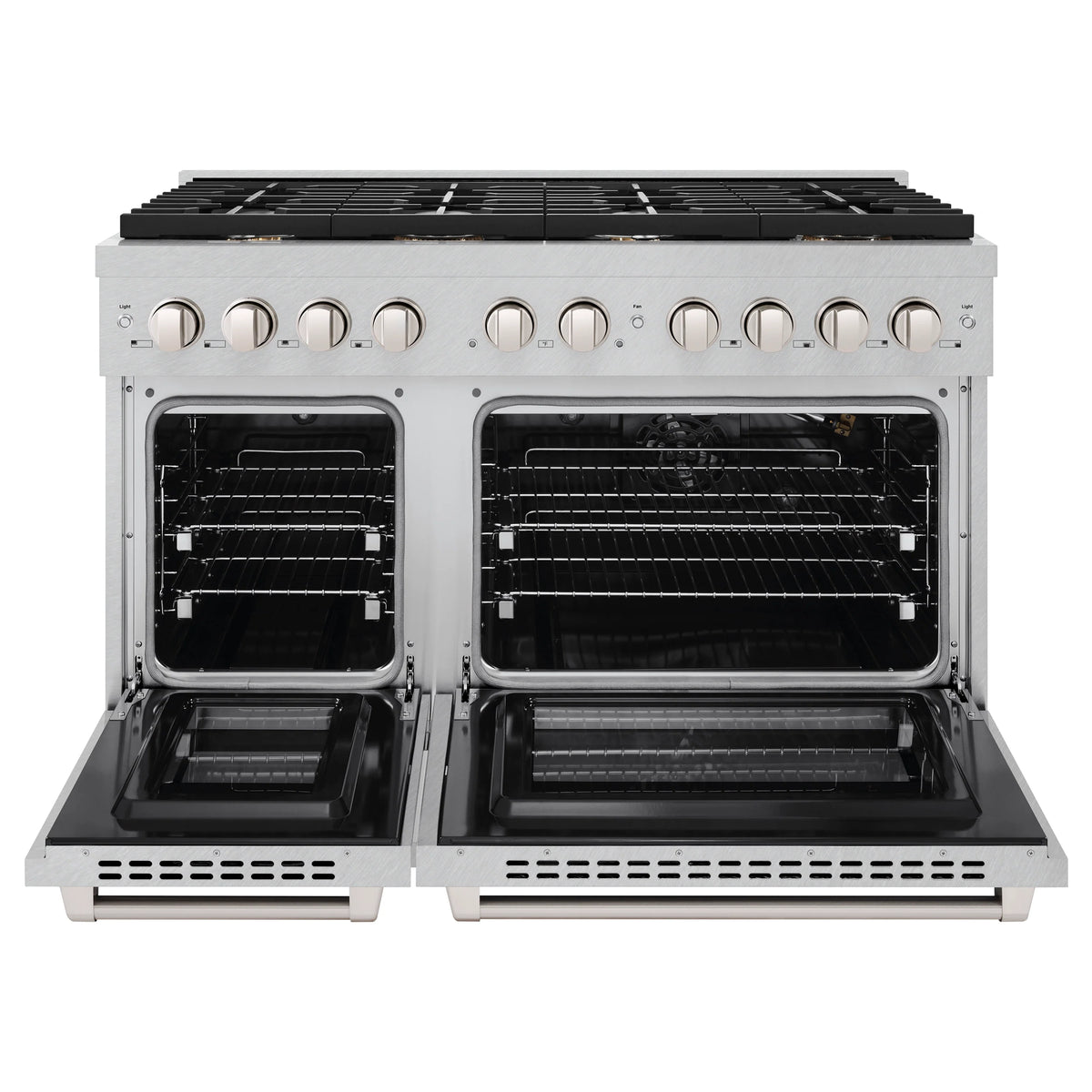 Stainless steel gas range with open dual oven doors and burner control knobs, top view