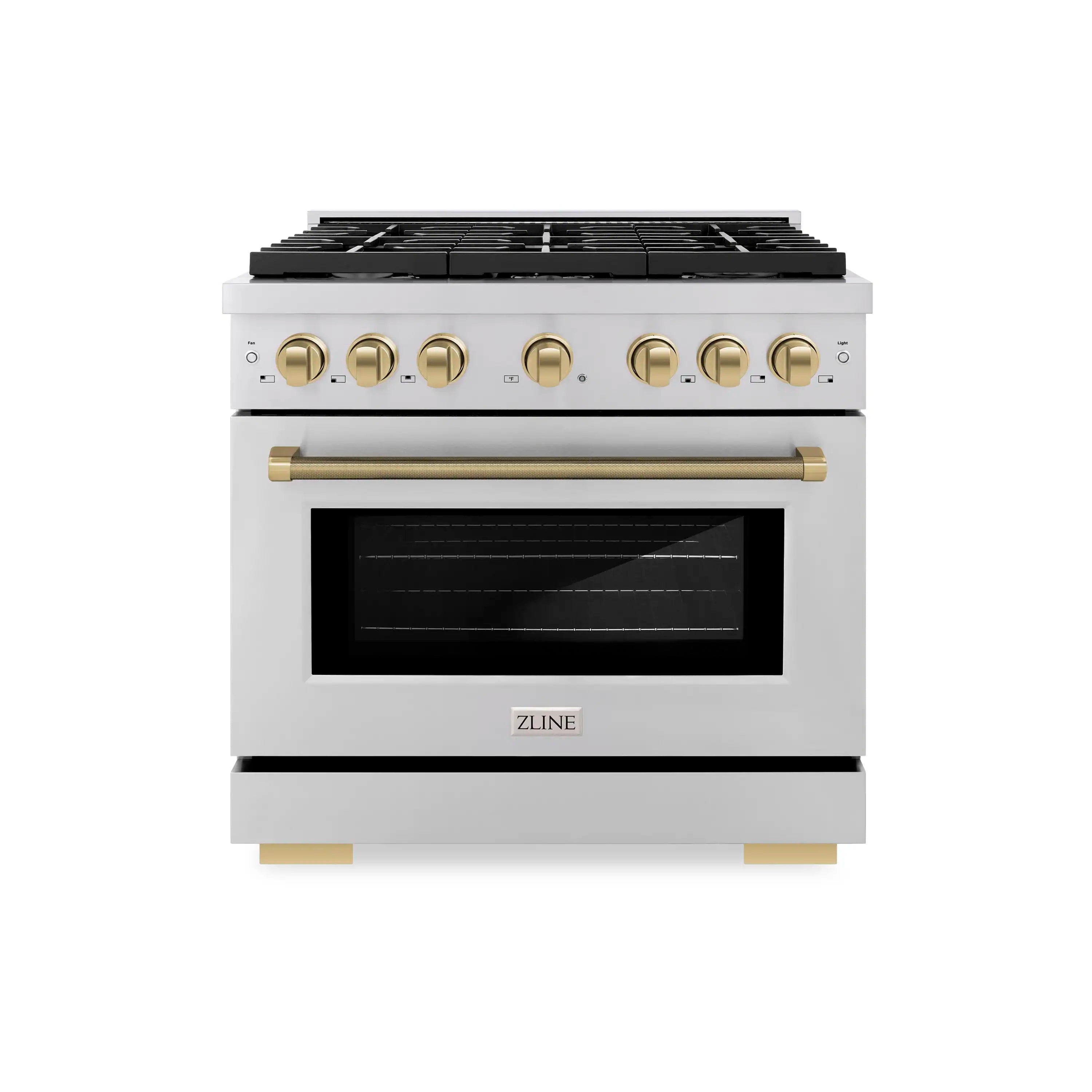 Stainless gas range front with dark oven door window and champagne bronze control knobs