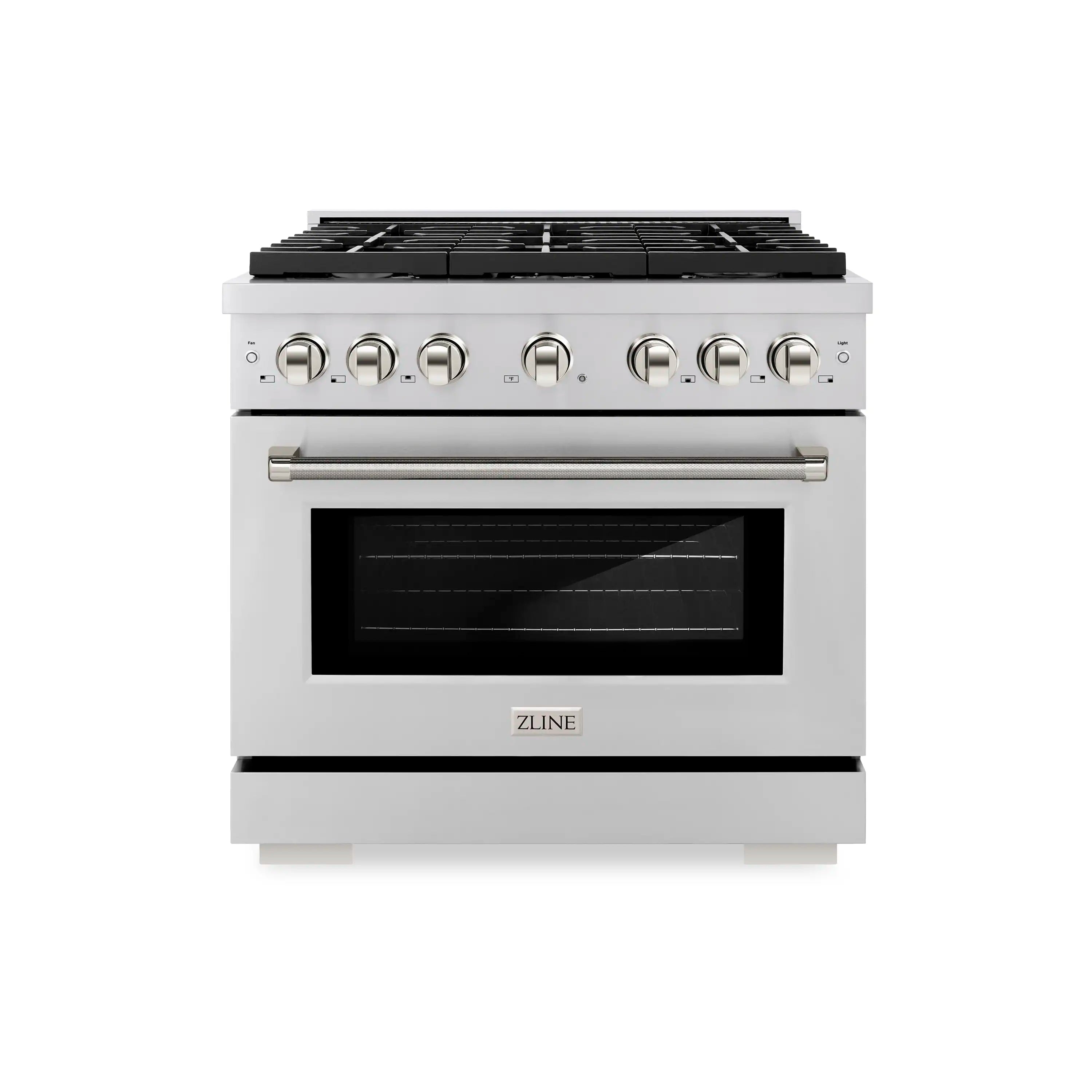 Stainless steel gas range with cooktop grates and oven door window