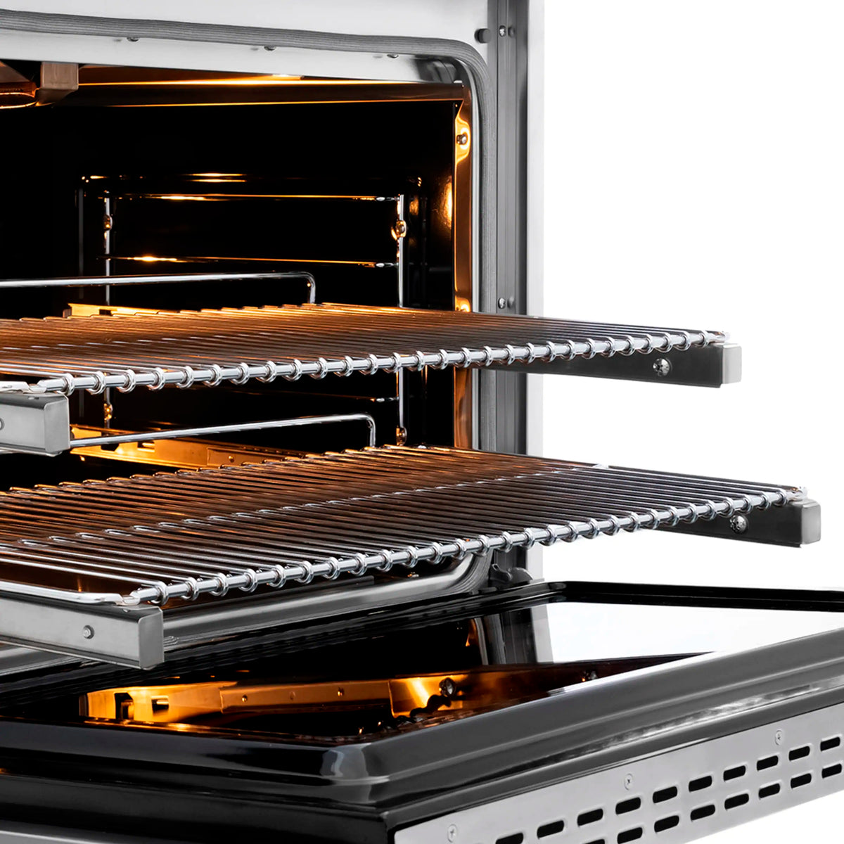 Gas range oven cavity with two chrome racks and warm interior light