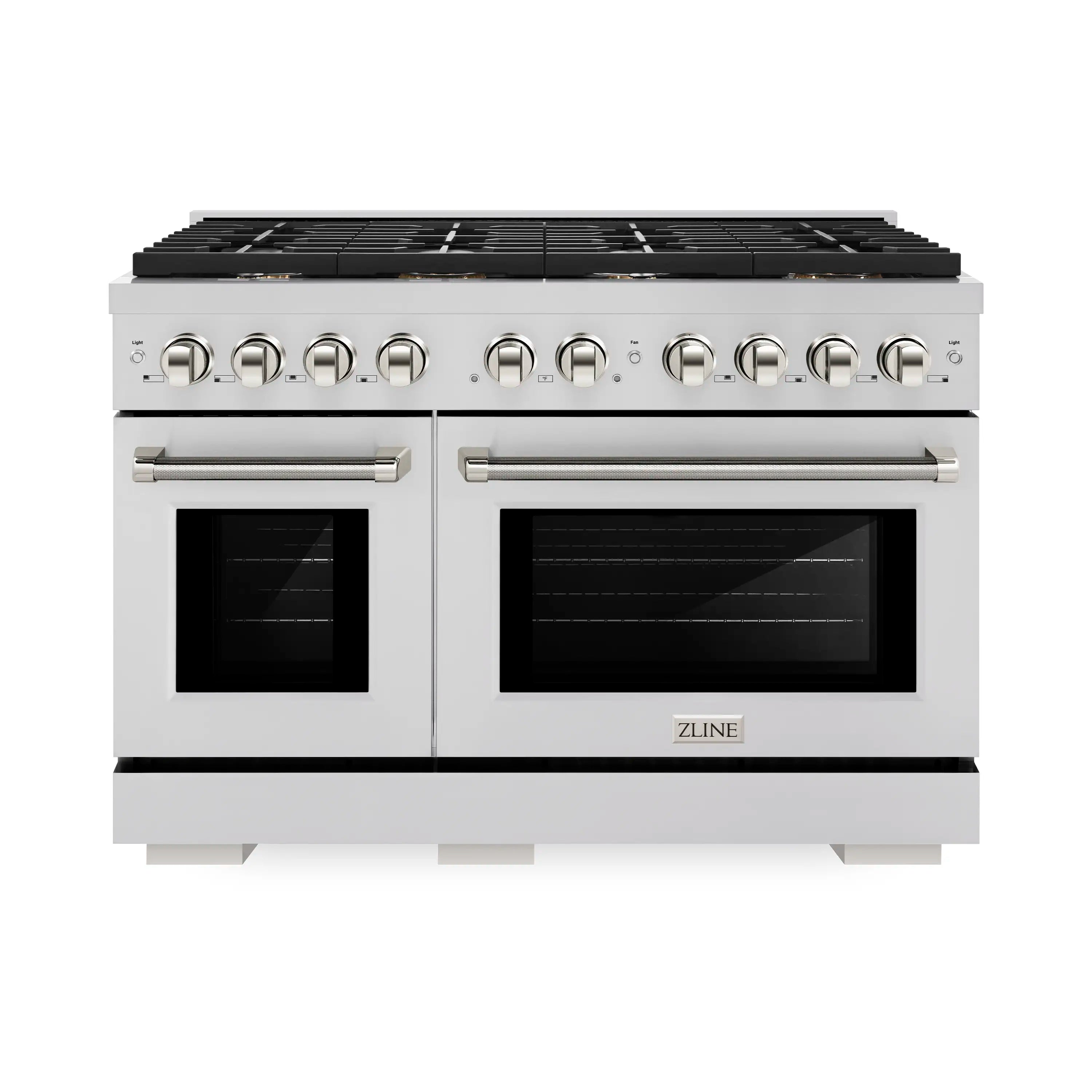 Stainless steel gas range with two oven doors, control panel, and black cooktop grates