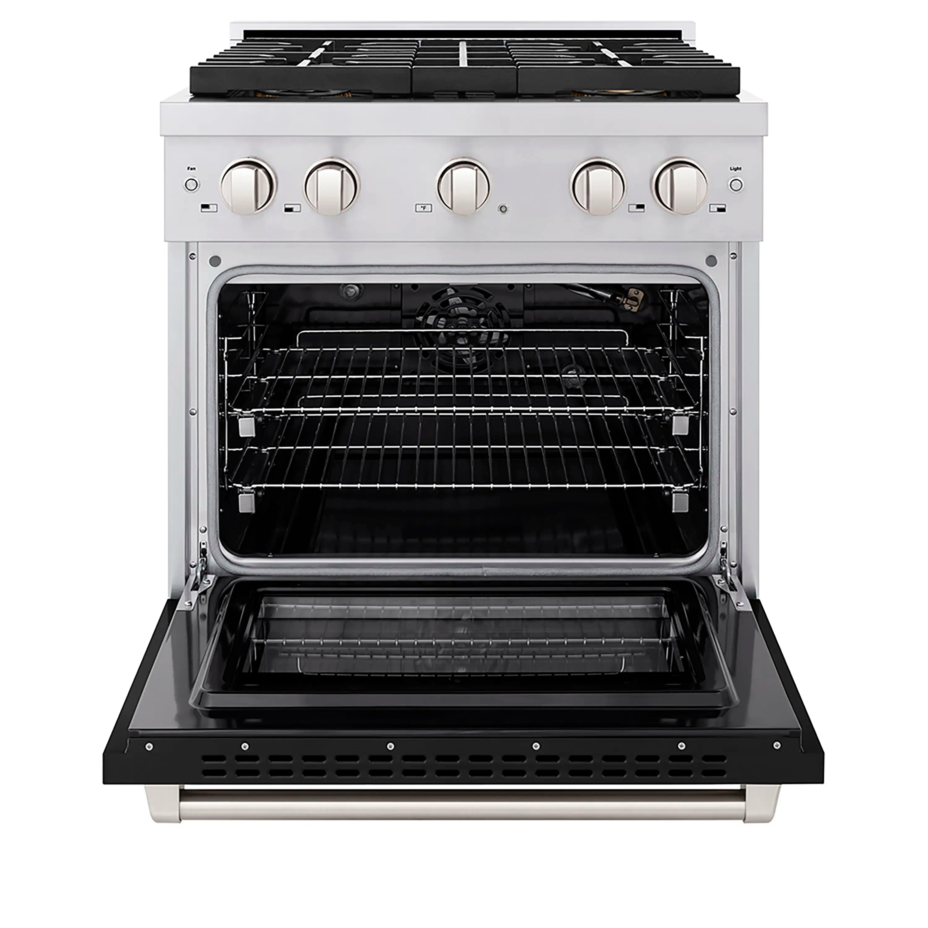 Gas oven door opened, wire rack and baking cavity view