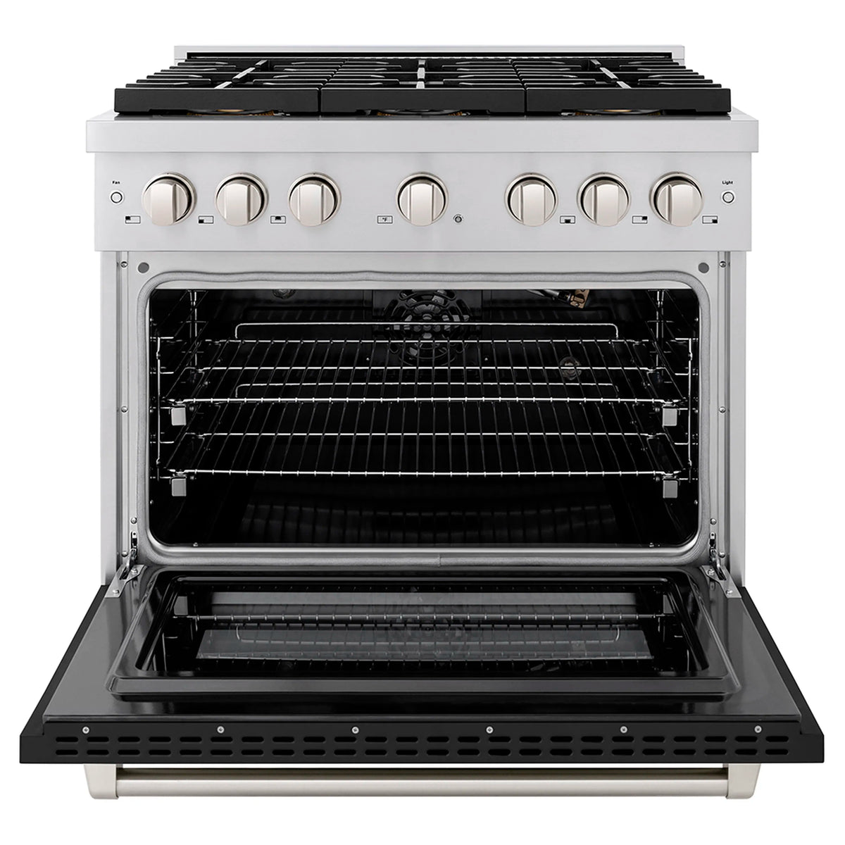 Open ZLINE convection gas oven with interior racks and black oven base