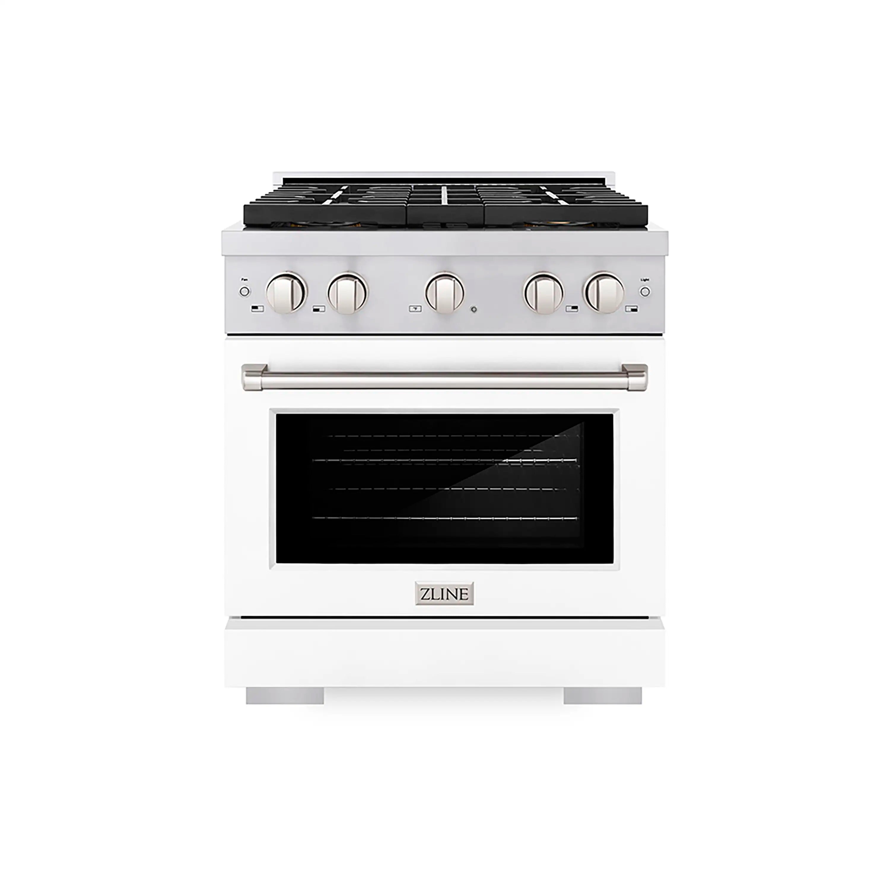 White gas range with 4-burner cooktop grates and convection oven with window
