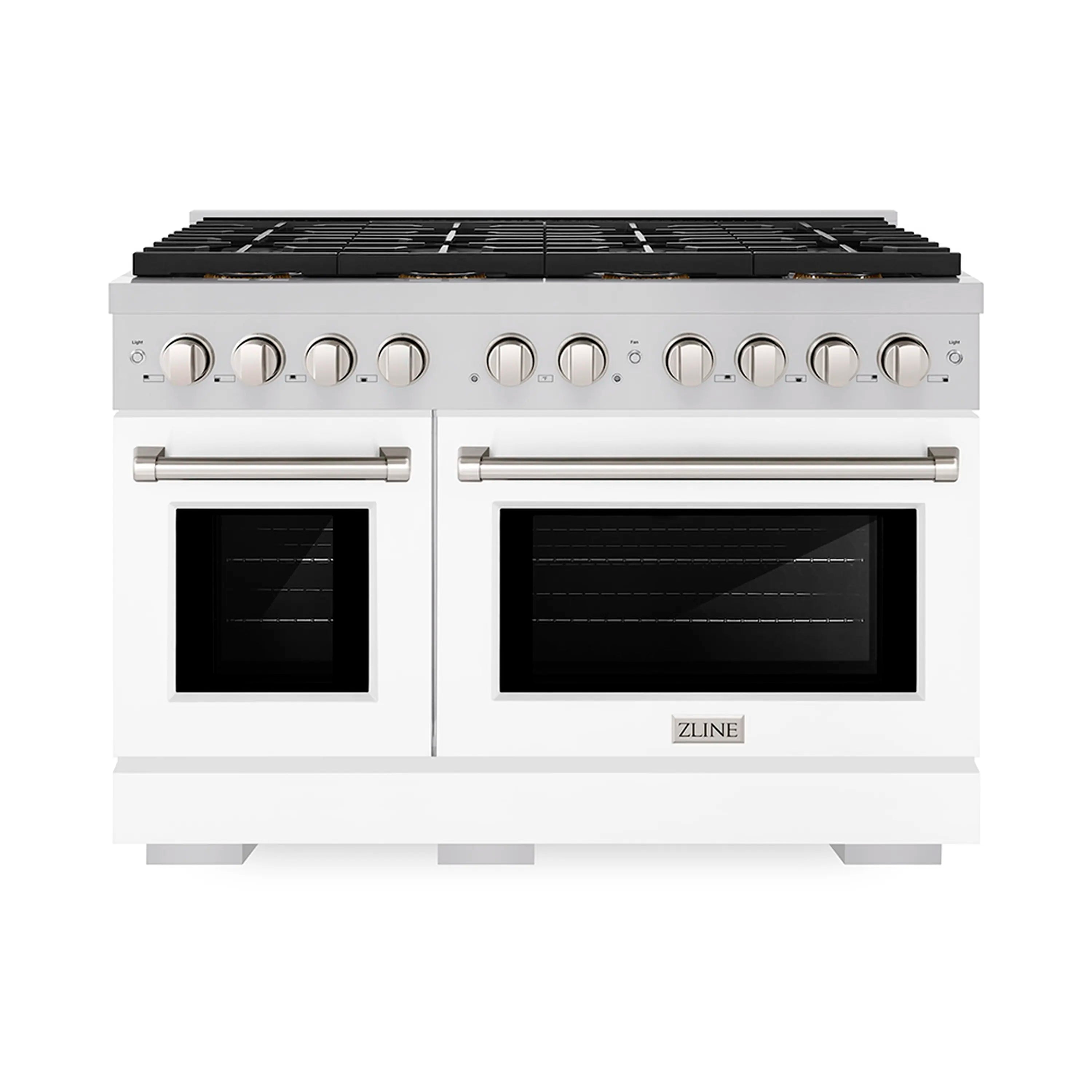 White matte dual-oven gas range with two glass door windows and knobs