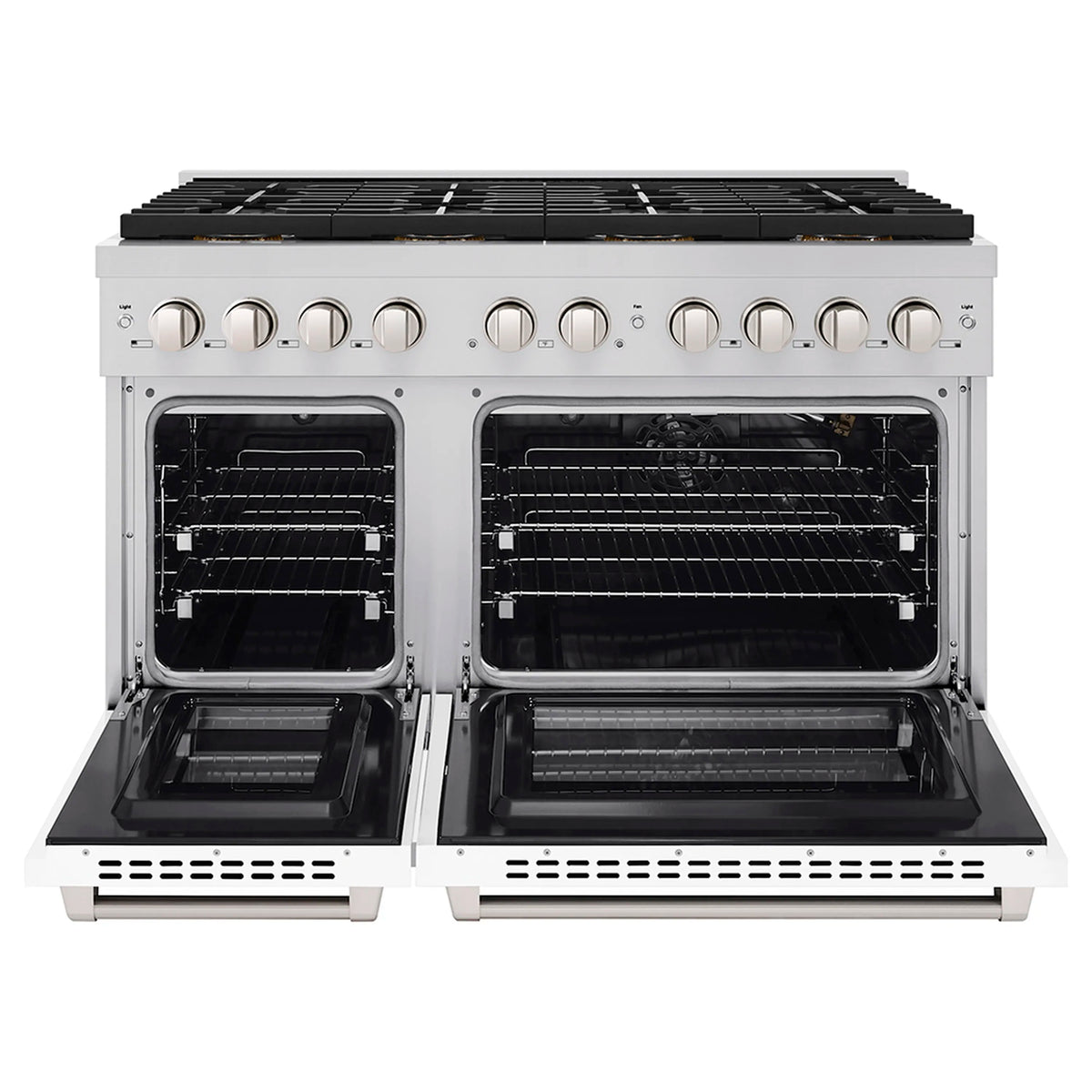 White gas range with both oven doors open, showing interior racks