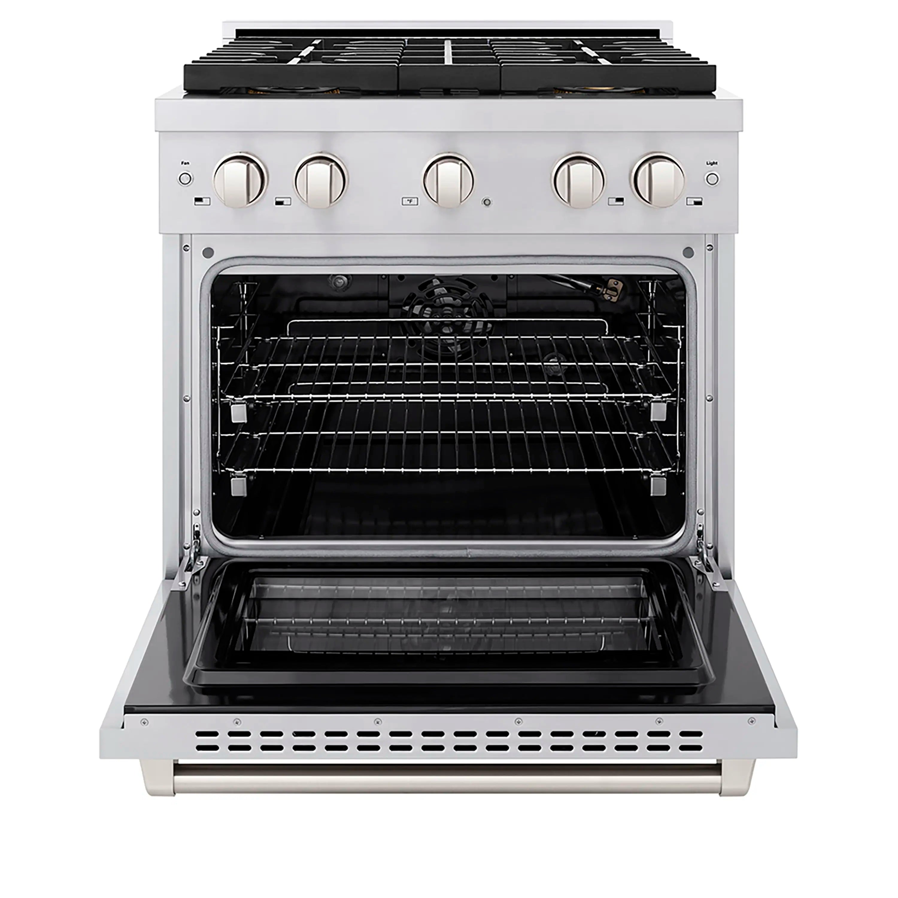 Stainless steel gas oven range with open convection oven and pull-out rack