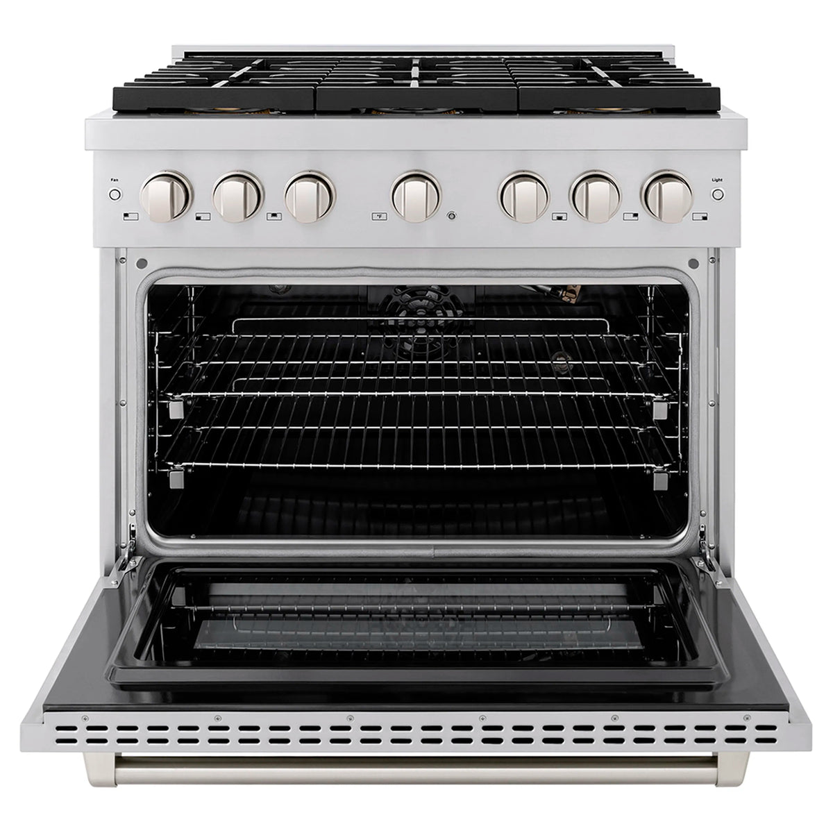 Stainless steel gas range with open convection oven and wire rack shelves
