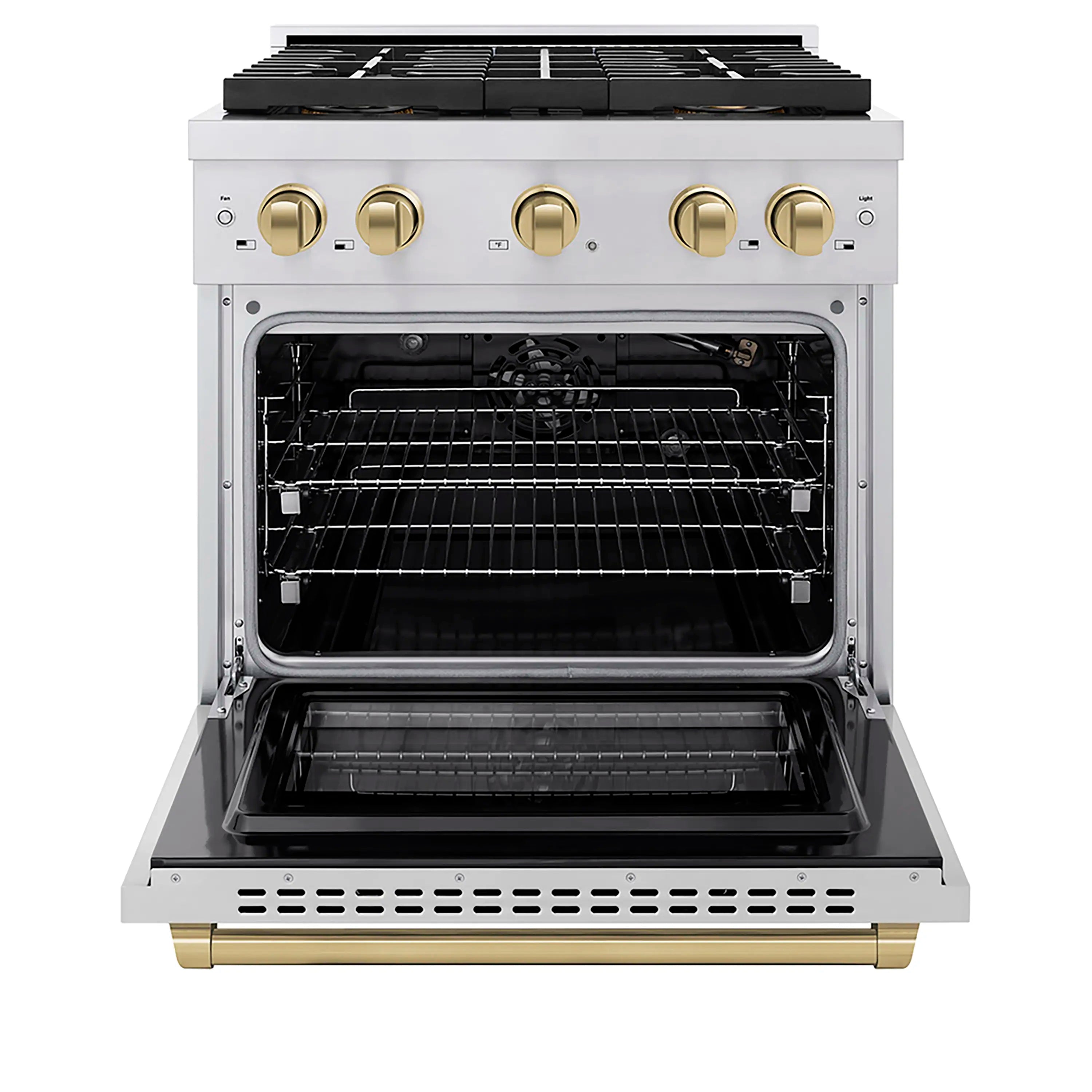 Stainless gas range with oven door open and baking racks inside