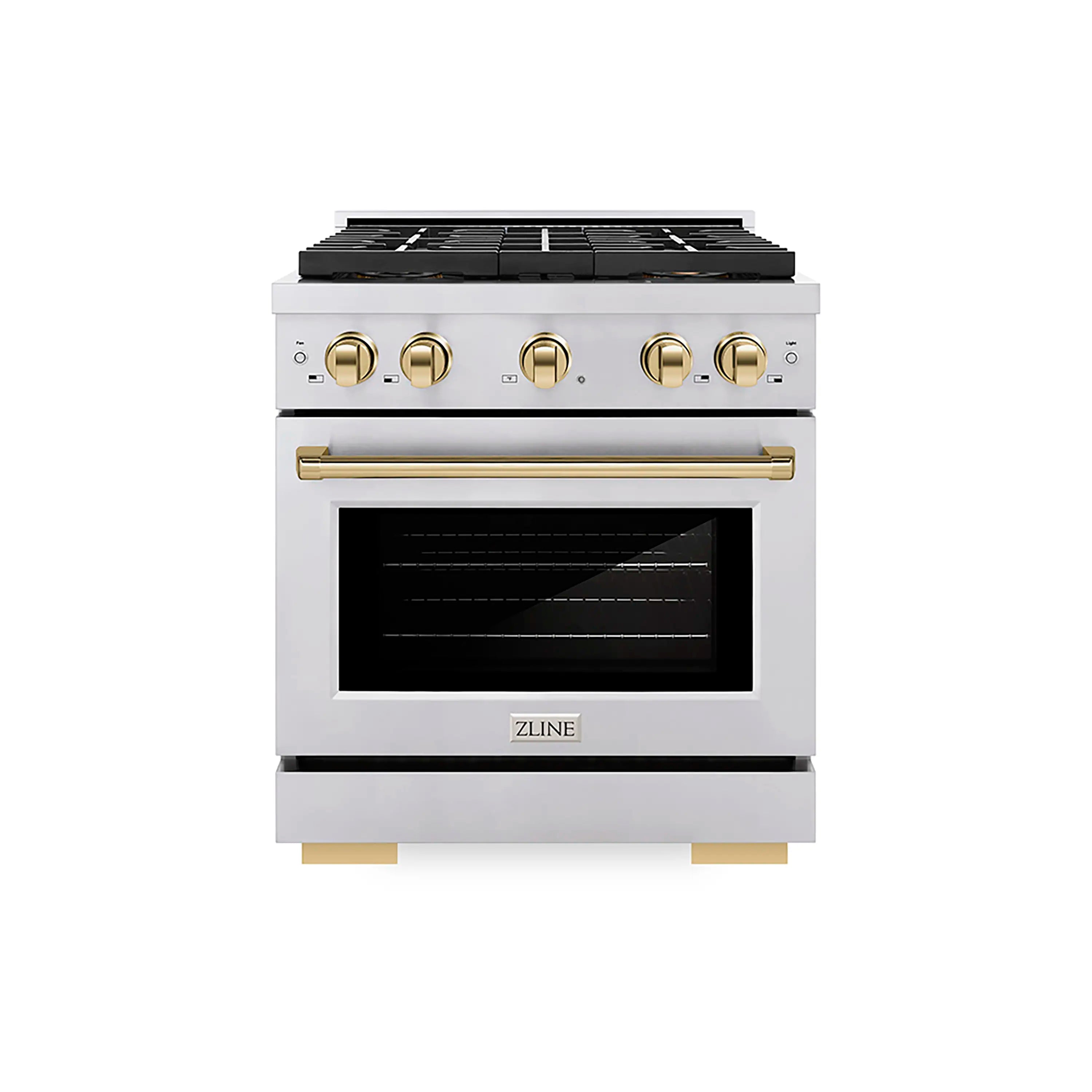 Stainless steel gas range with four burners, gold control knobs, and convection oven door