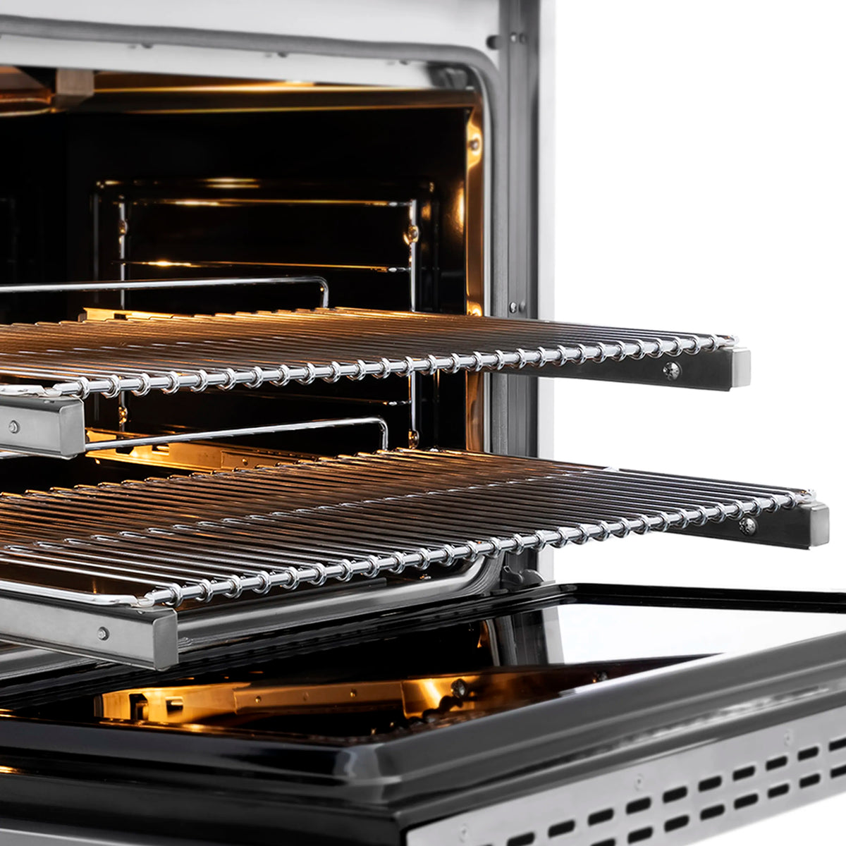 Convection oven with extended racks and glowing heating elements, stainless