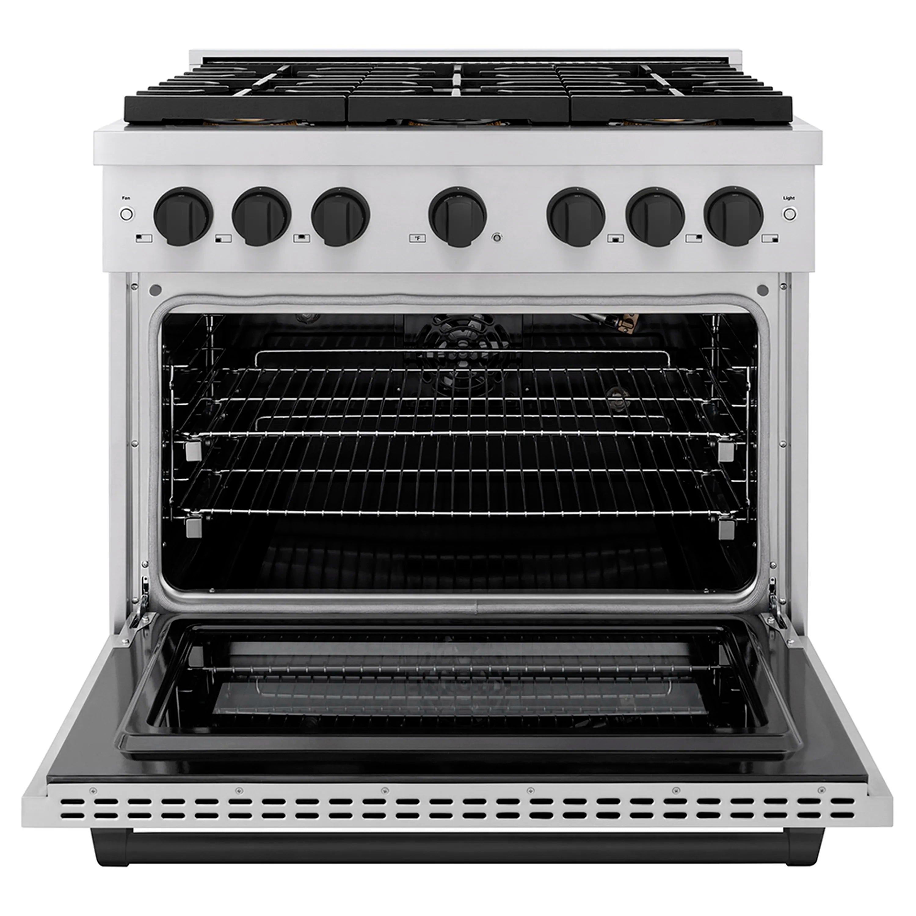 Gas convection oven with open door and wire racks, stainless range