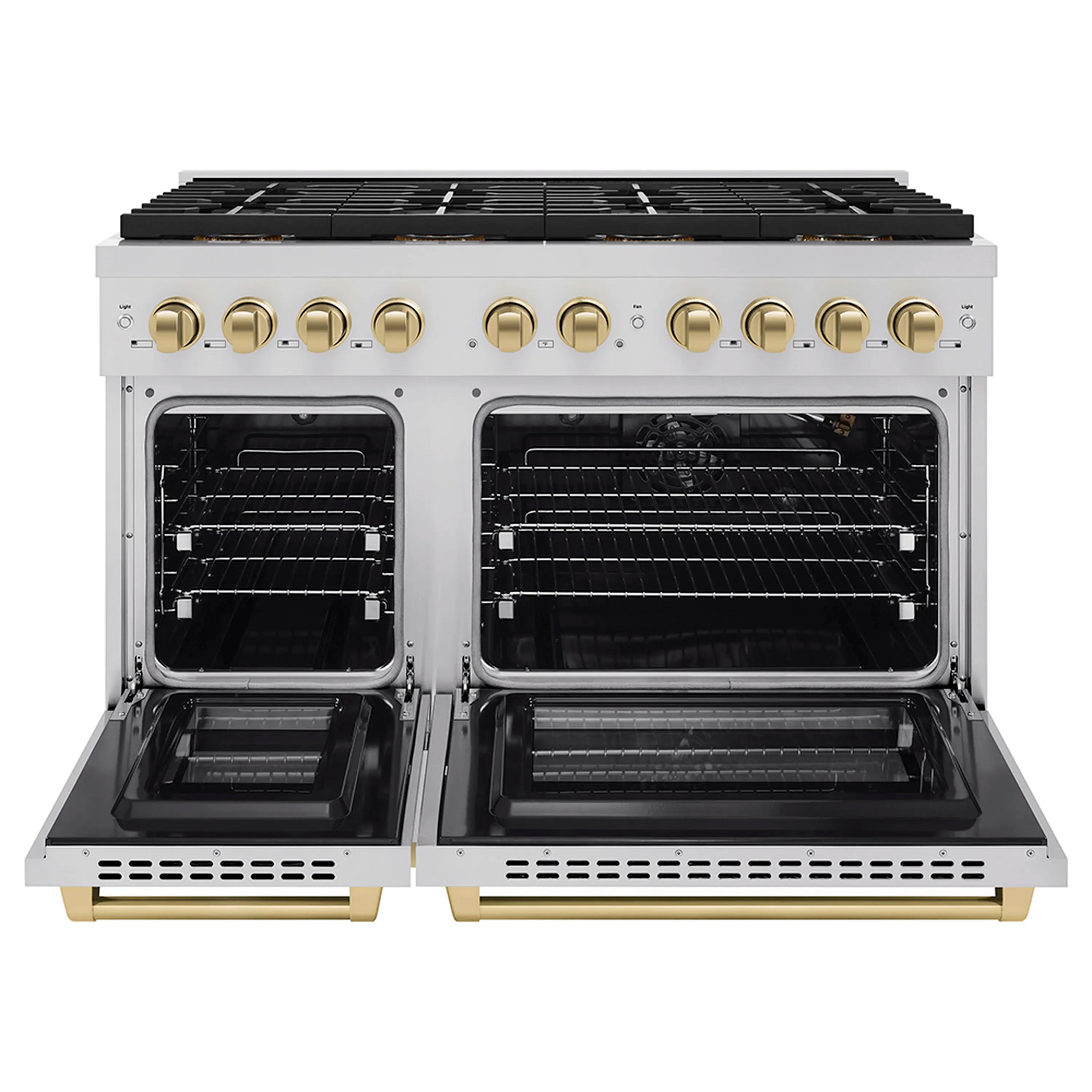 Dual oven doors open on stainless steel gas range with two cook cavities