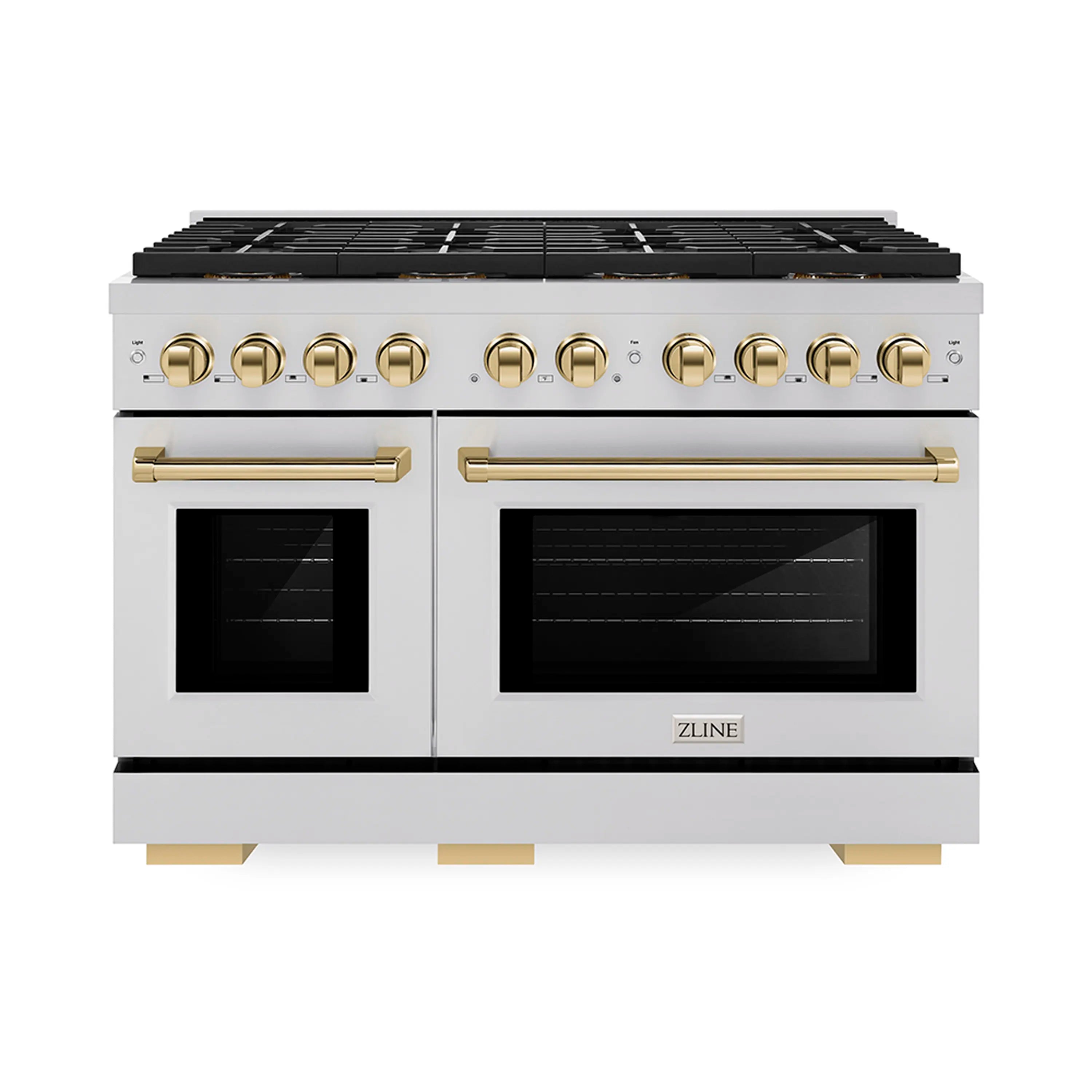 Stainless double-oven gas range with gold control knobs and black cooktop