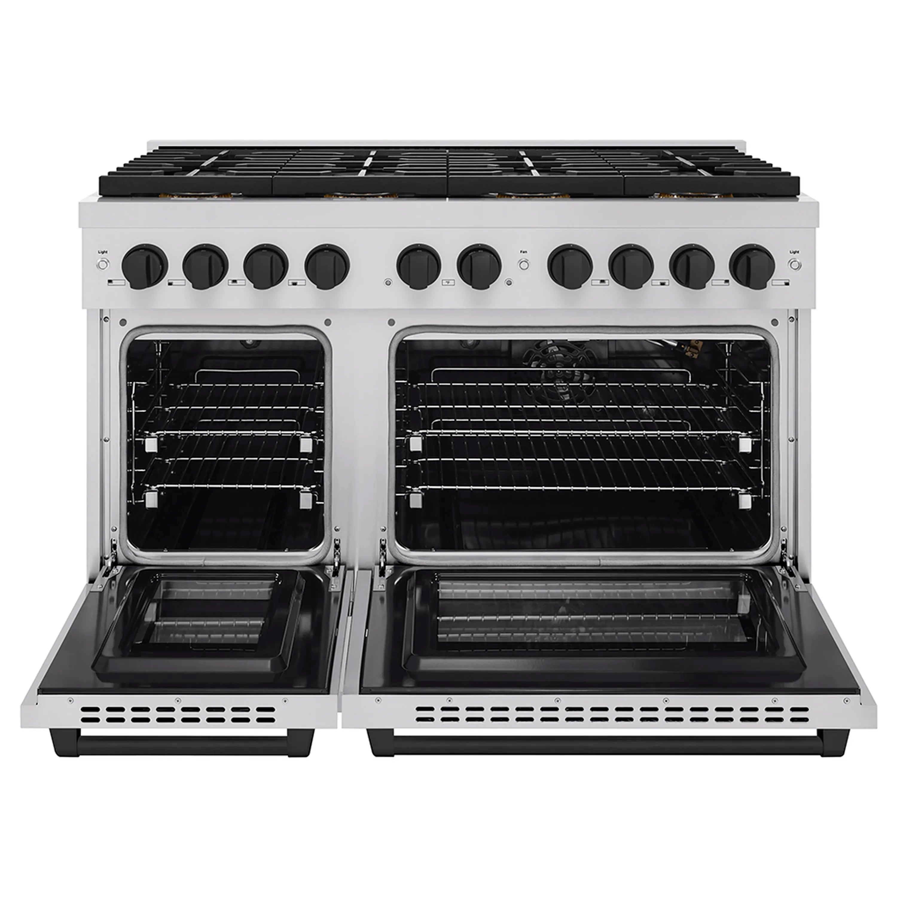 Stainless gas range with both oven doors open showing interior racks and burners