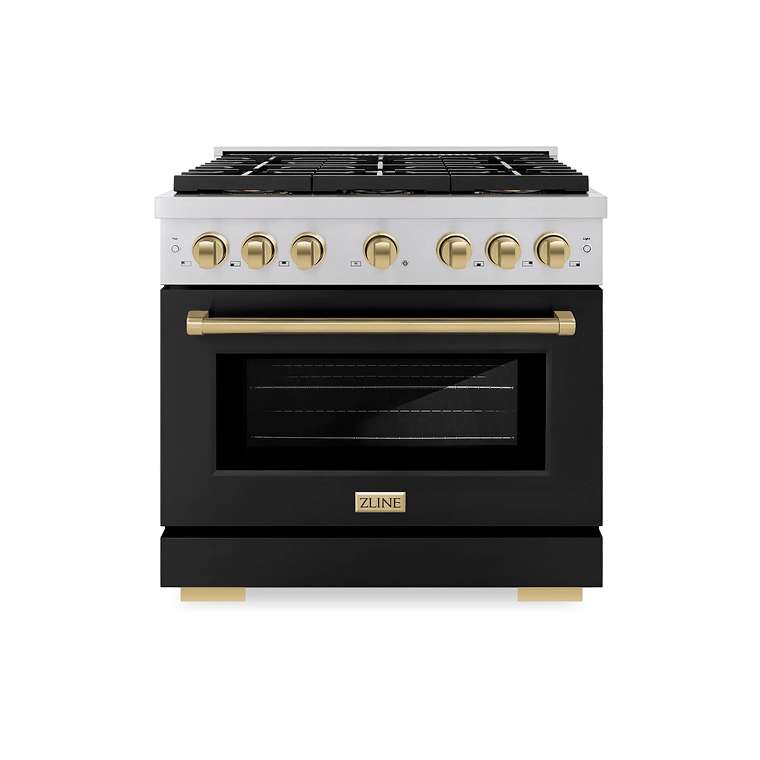 Black gas range with stainless trim, black oven door, and gold-toned front knobs