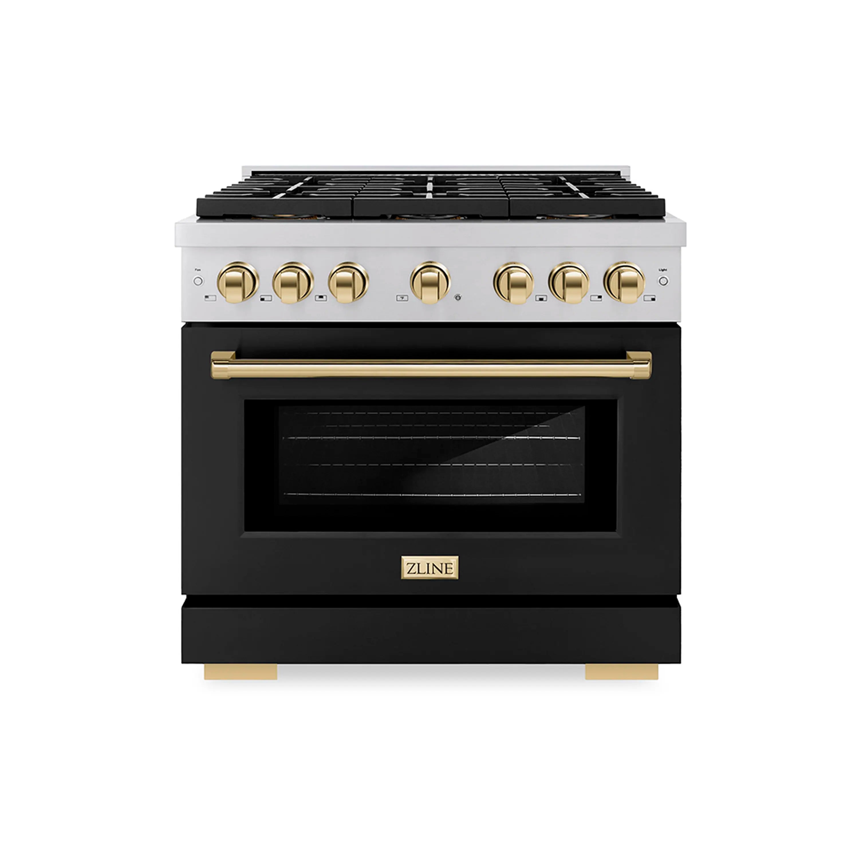 Gas range with black matte oven door and gold control knobs, closed