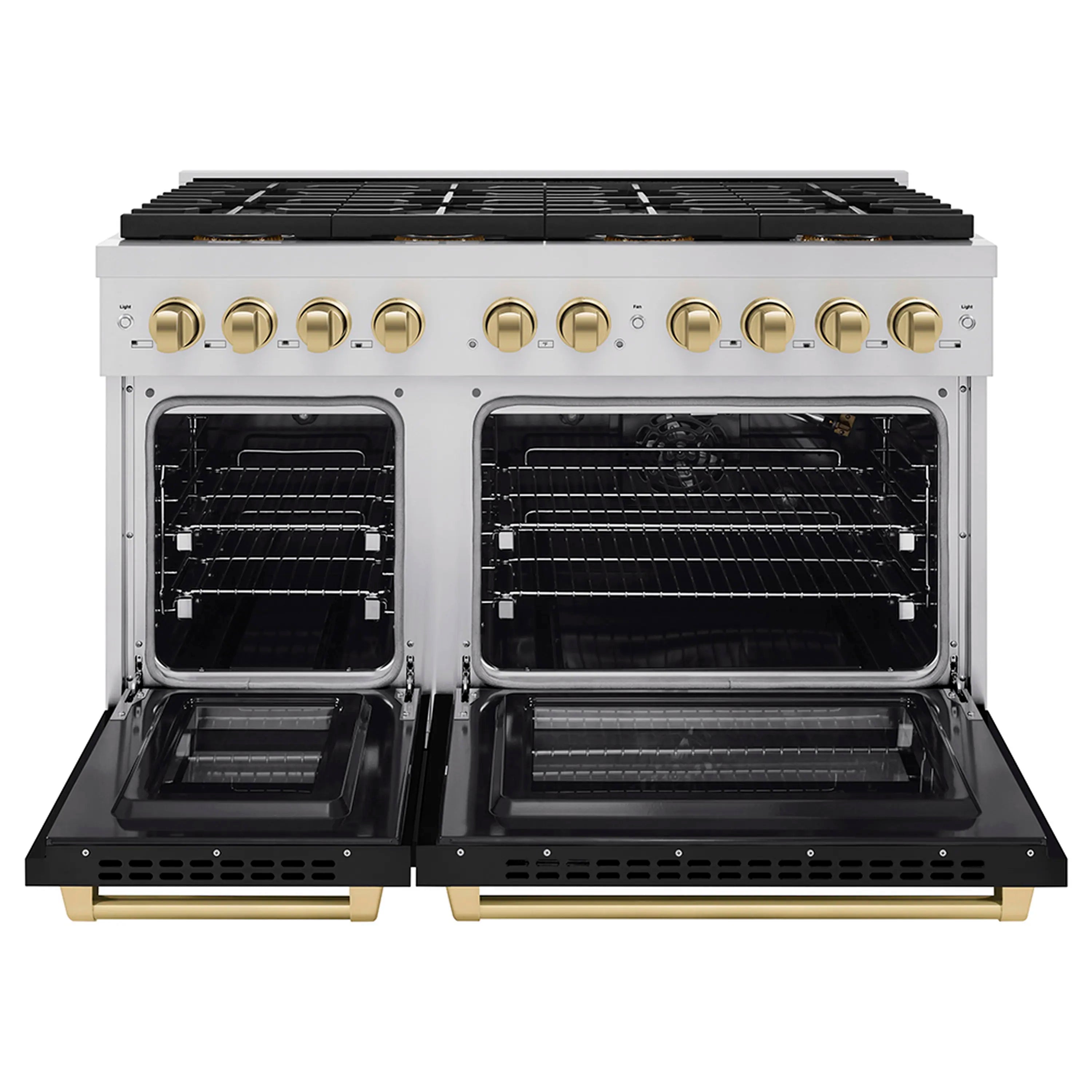 Gas range with both oven doors open, showing two black interior oven cavities