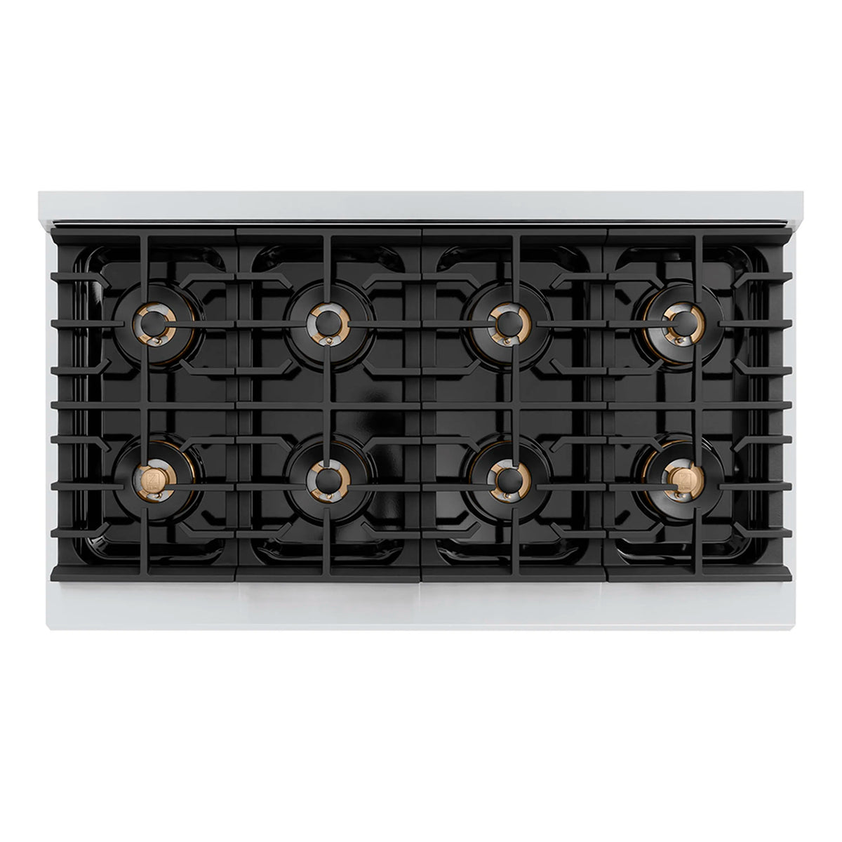 Top view of 8-burner cooktop with black grates and gold-ring burner caps