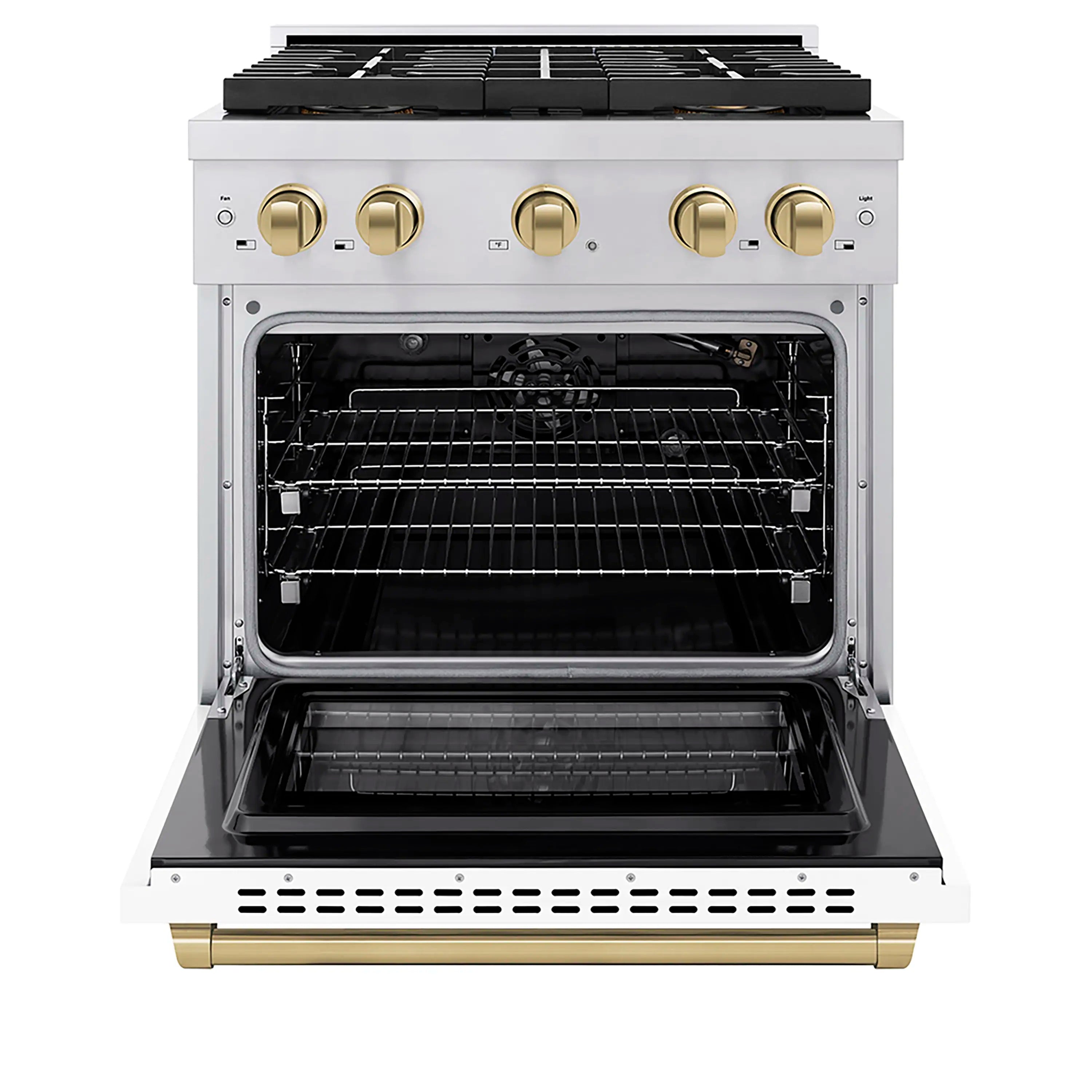 Stainless steel gas range with four-burner cooktop and open convection oven, bronze front trim