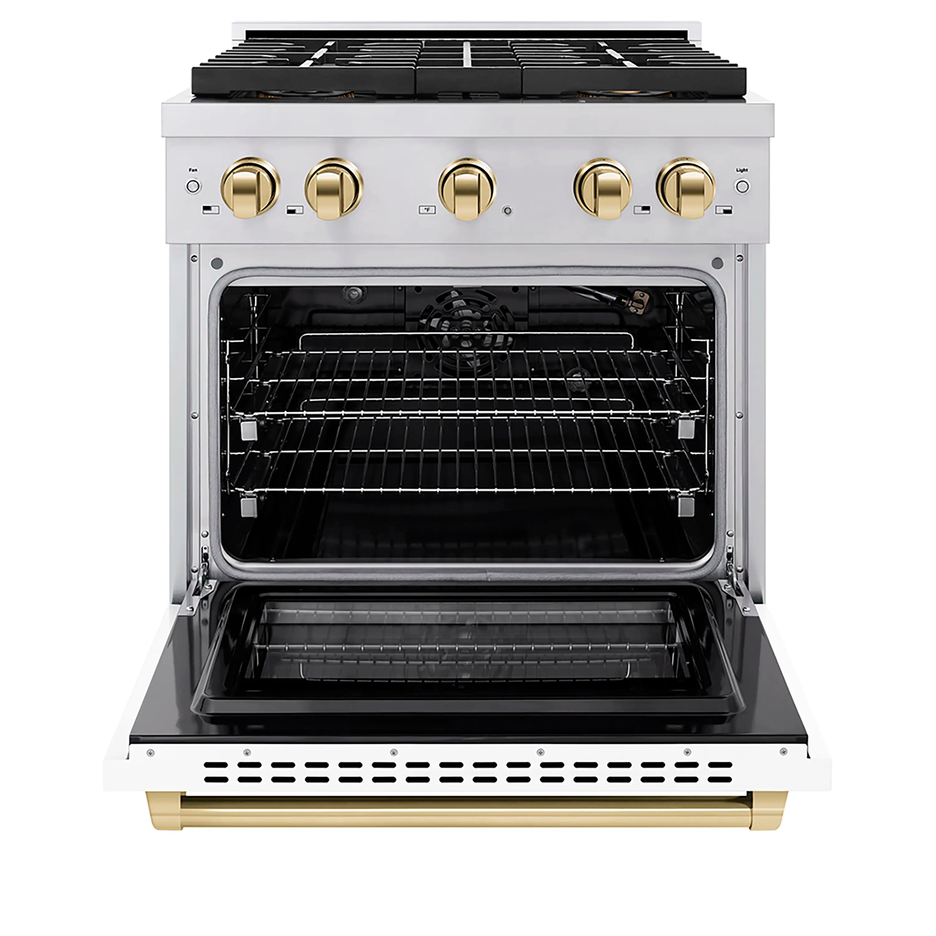 Stainless steel gas range with open convection oven and four-burner cooktop with gold controls