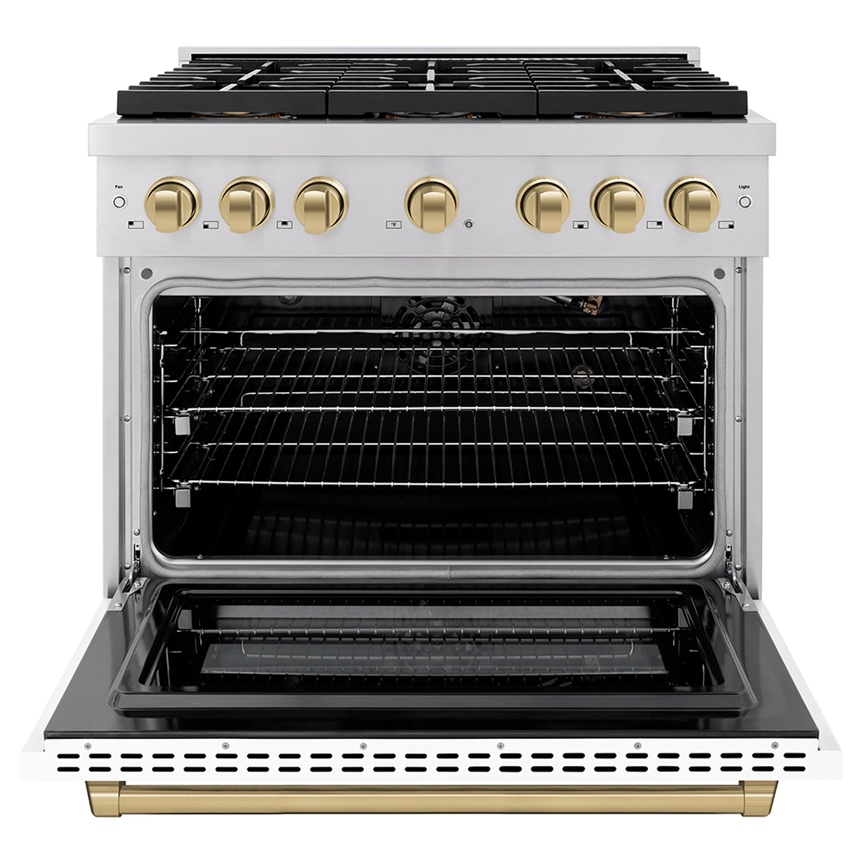 White gas convection oven with open door, racks, and gold-tone control panel