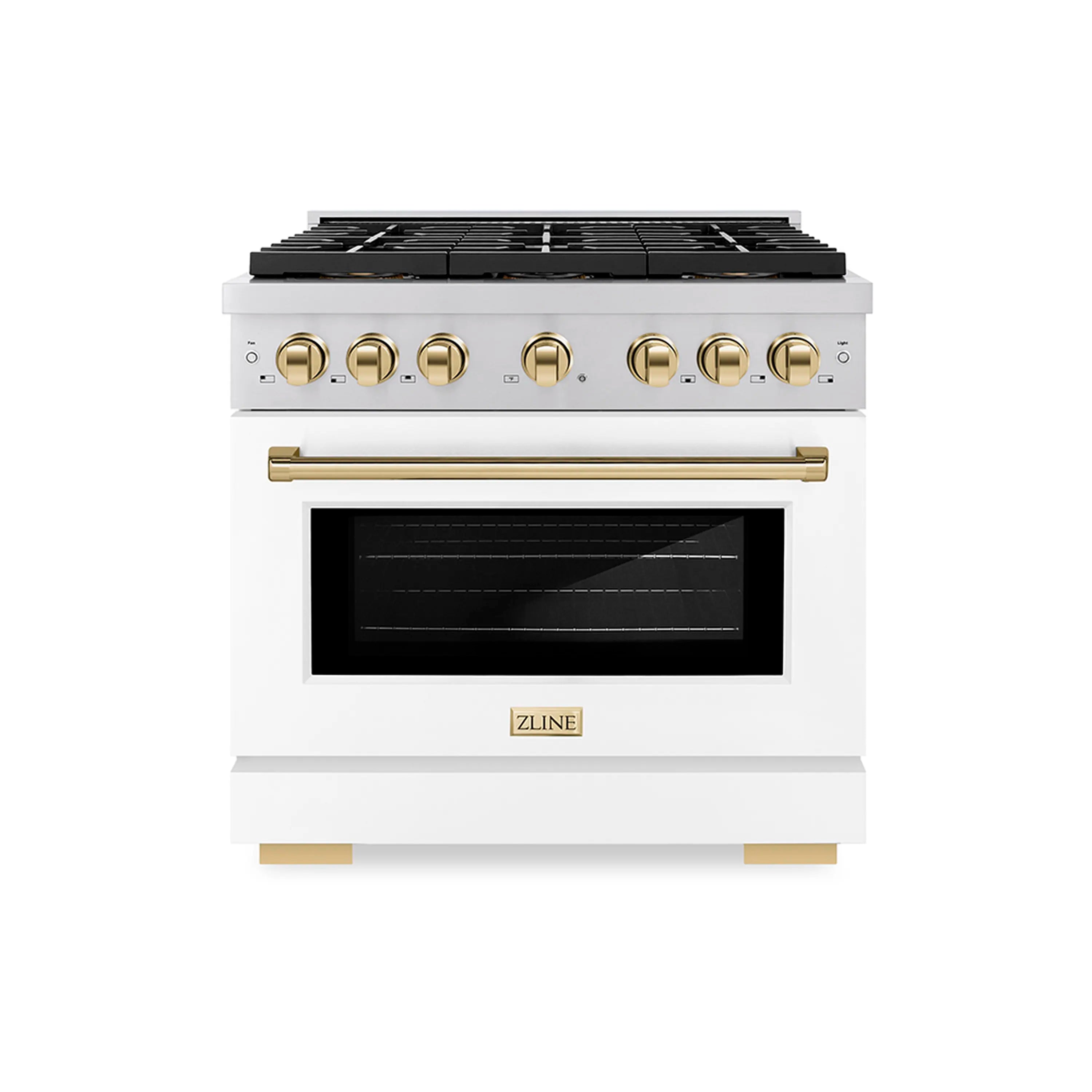 White gas range with gold control knobs and black oven door window