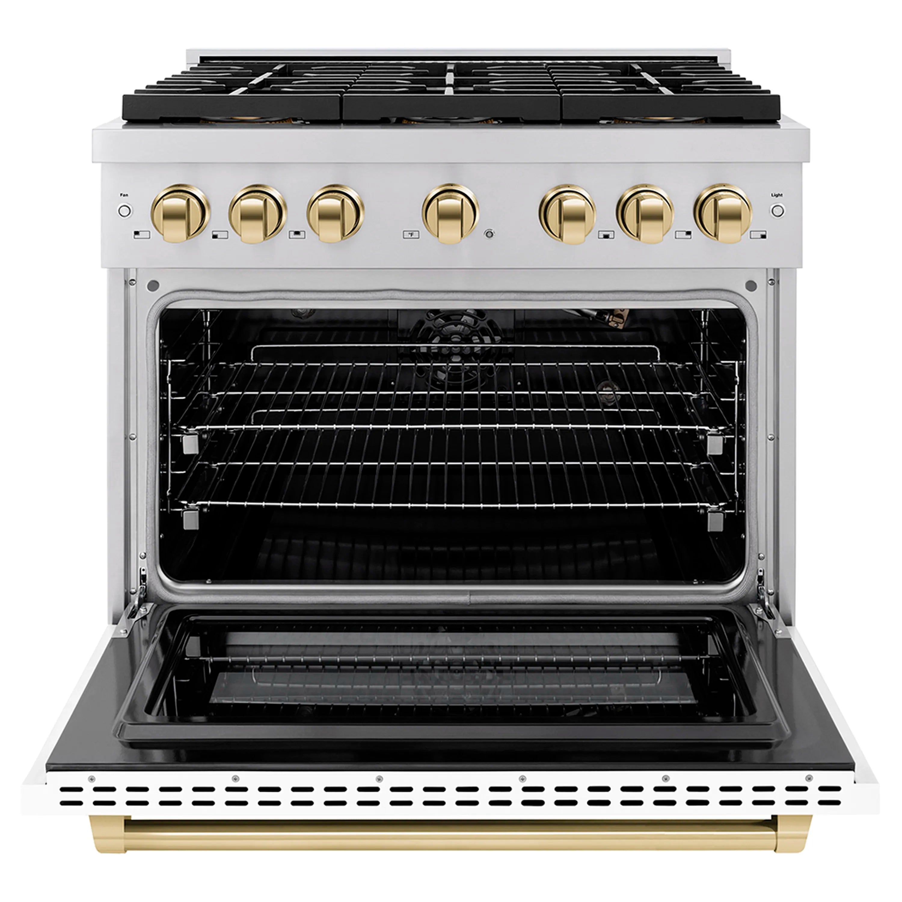 White gas range with open oven door, black interior, and wire racks