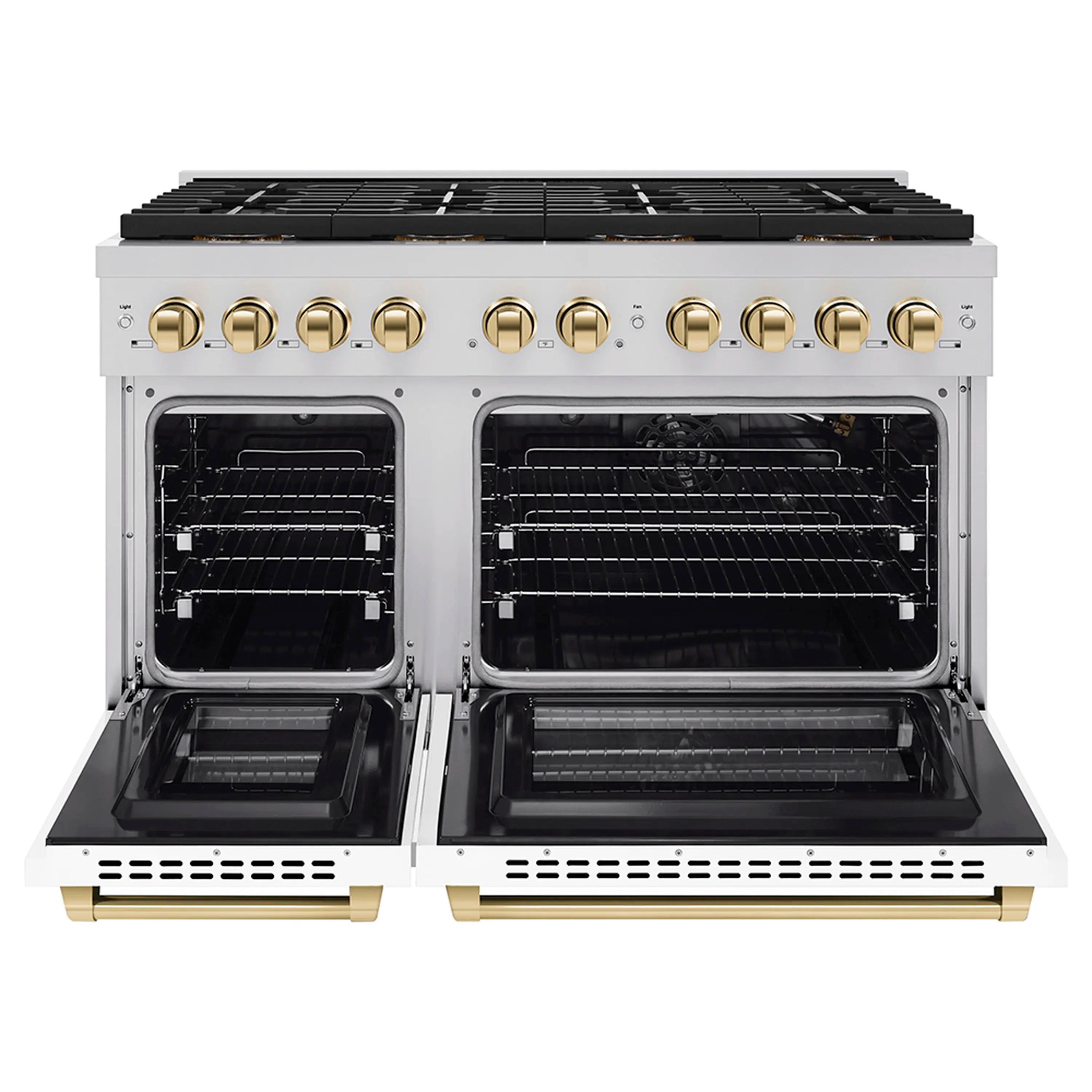 Open double ovens in a white gas range with wire racks and gold trim handles