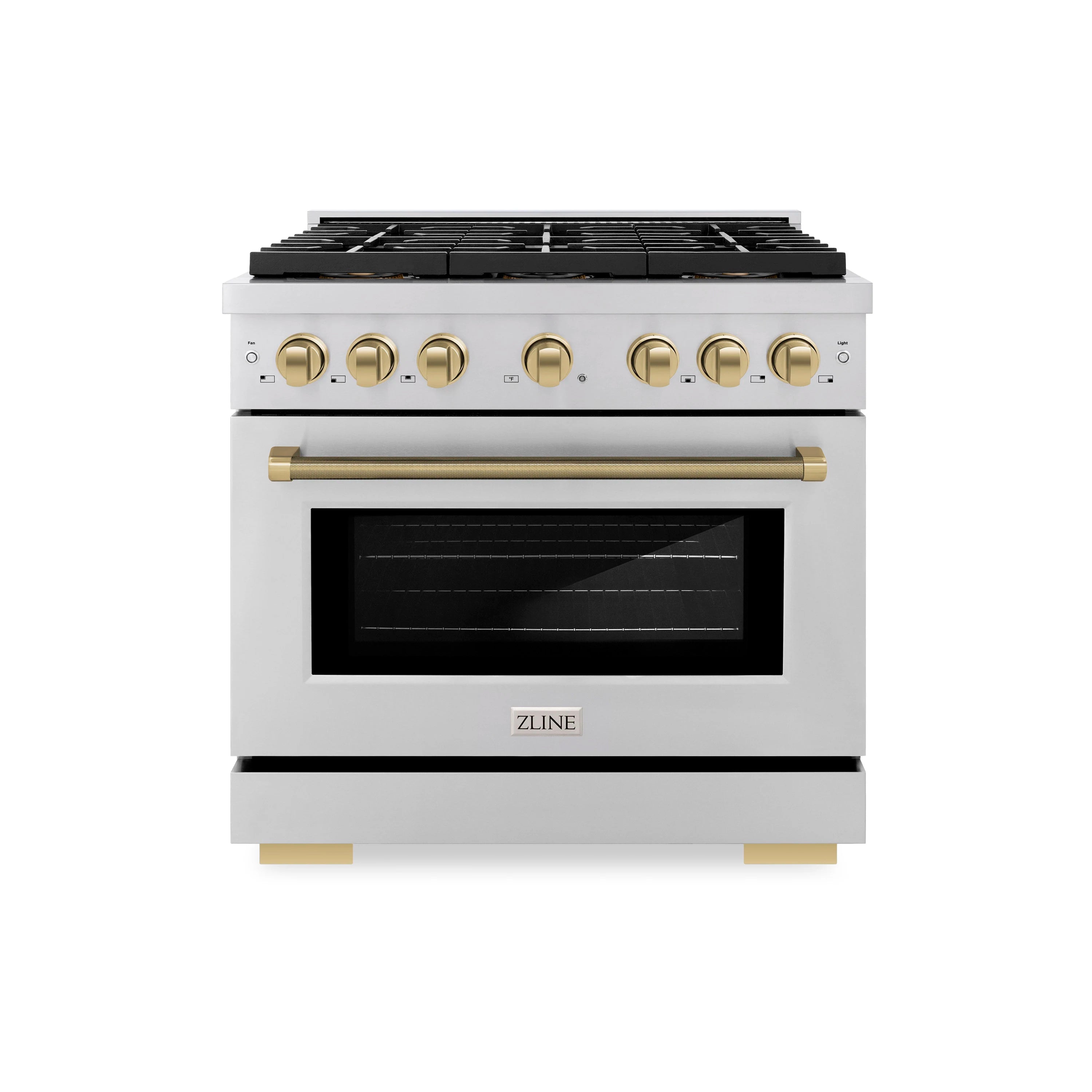 Stainless steel gas range with bronze control knobs and oven handle
