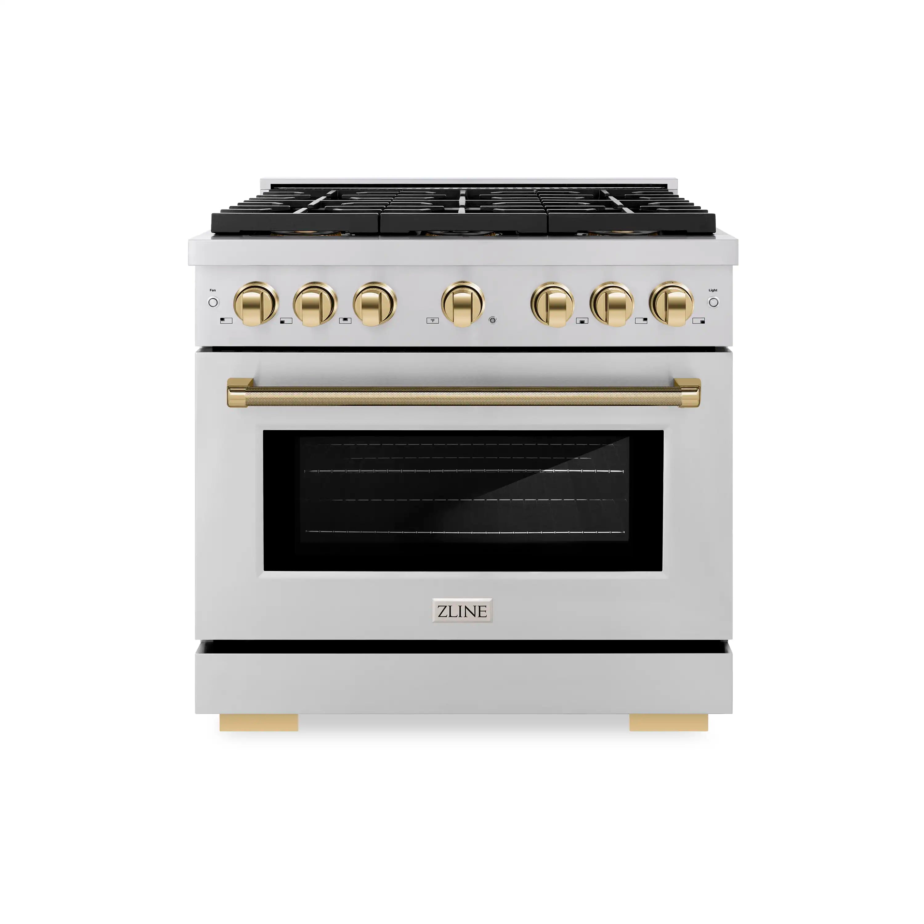 Stainless steel gas range with gold control knobs and oven door window