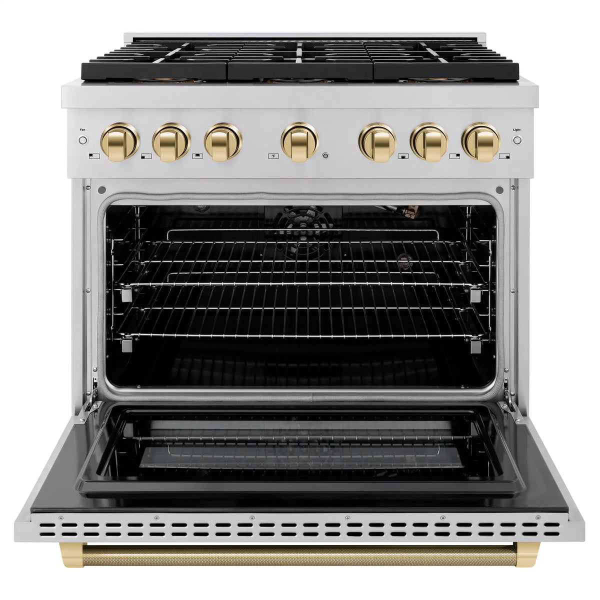 Stainless steel gas range with open oven door and gold control knobs
