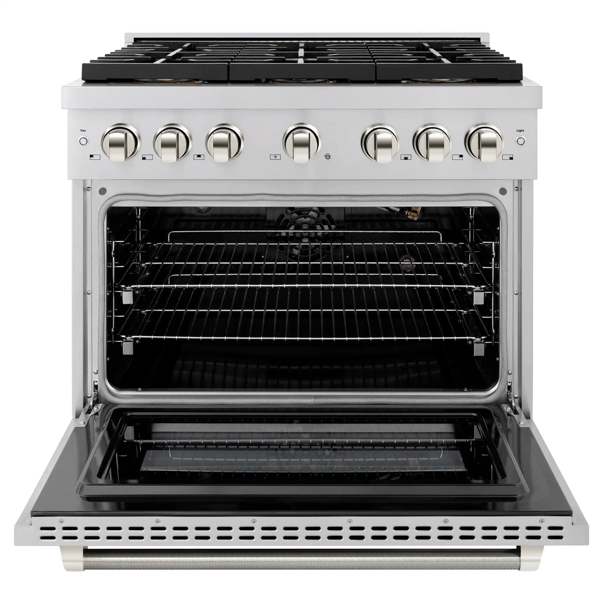 Freestanding gas oven with open door, wire racks, and black interior cavity