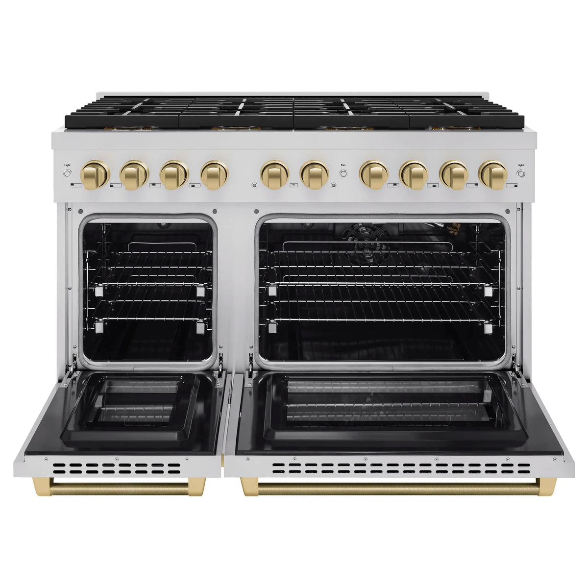 Stainless gas range with bronze knobs, dual oven doors, and black cooktop grates