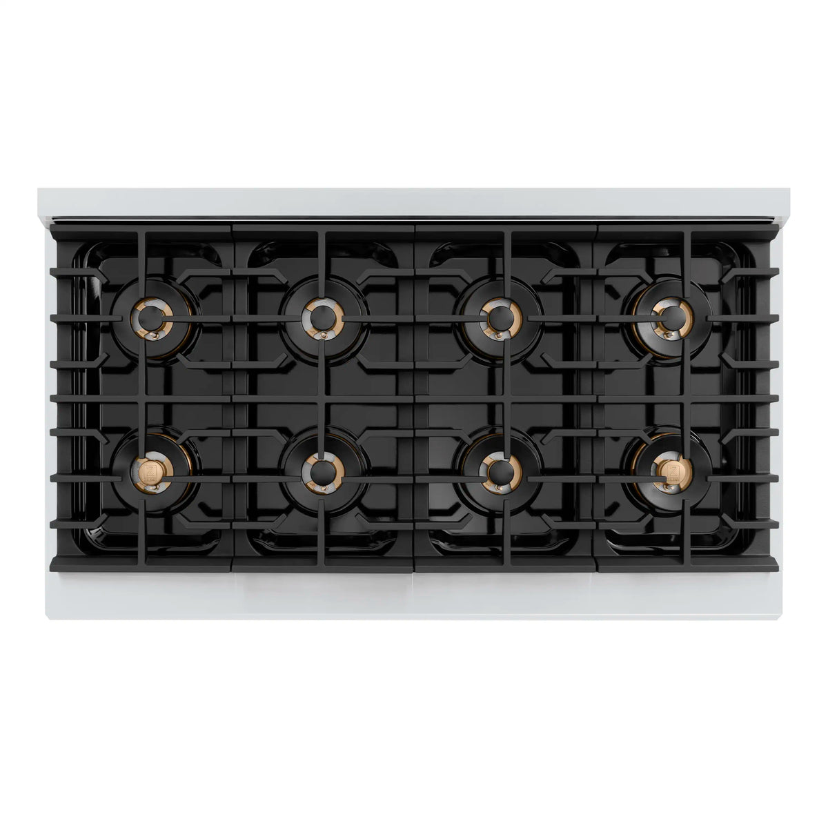 Black gas range cooktop with six burners, grates, and bronze control knobs