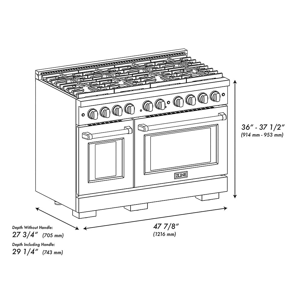 Stainless gas range line drawing with burners, oven doors, and control panel