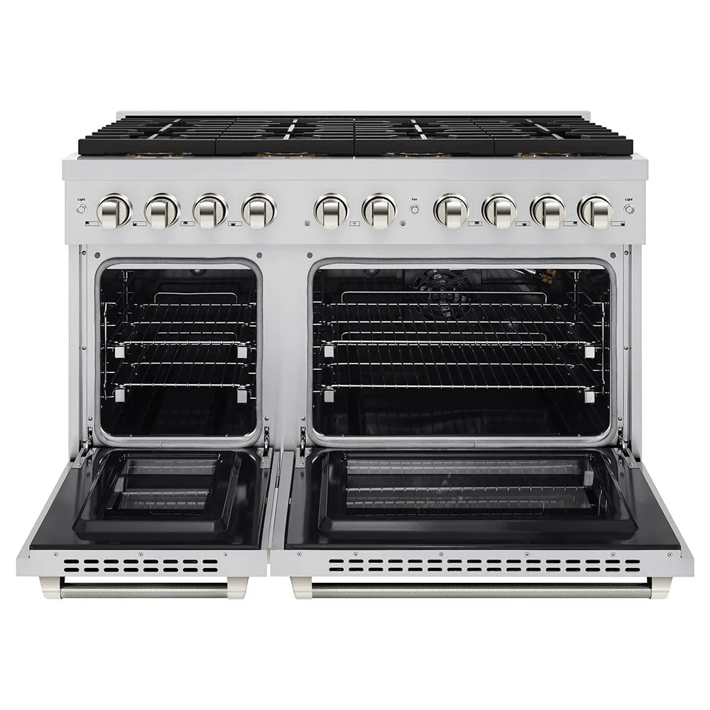 Stainless steel gas range with two open oven doors and interior racks.