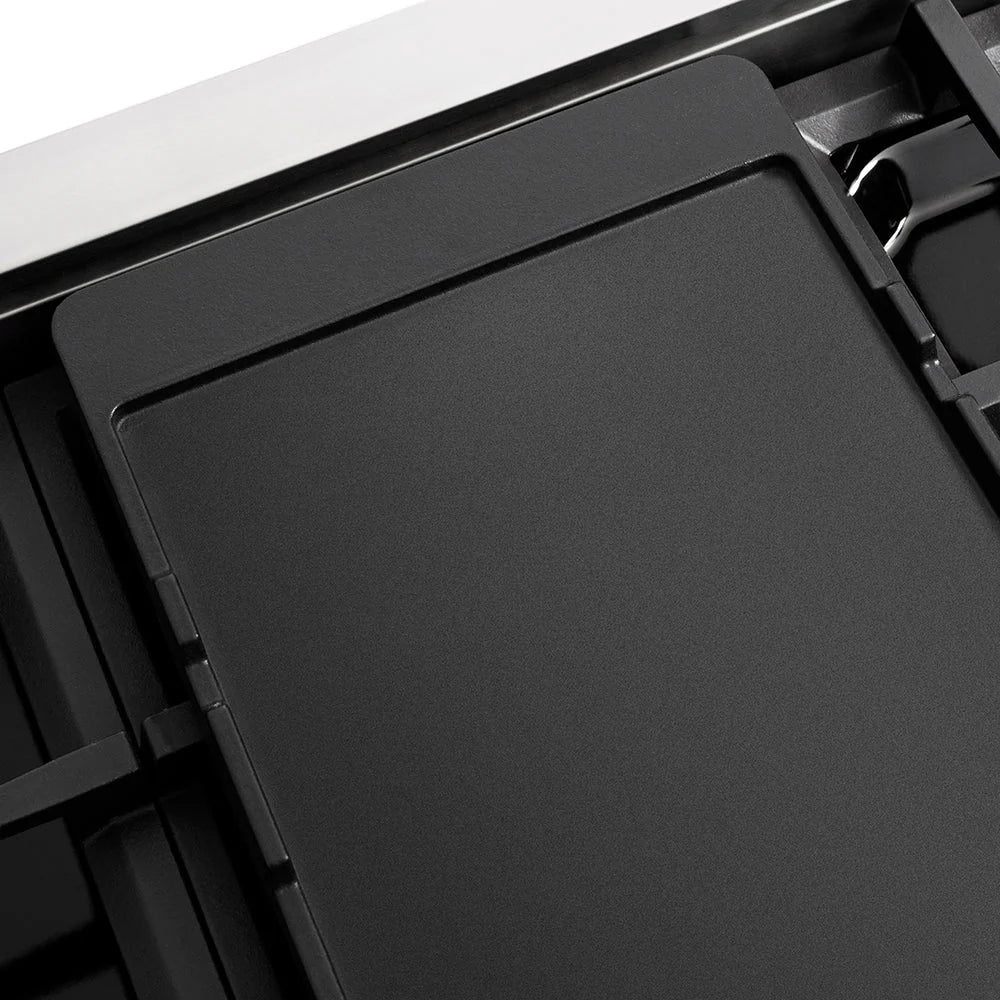 Gas range cast-iron griddle lid with solid black surface and hinged frame