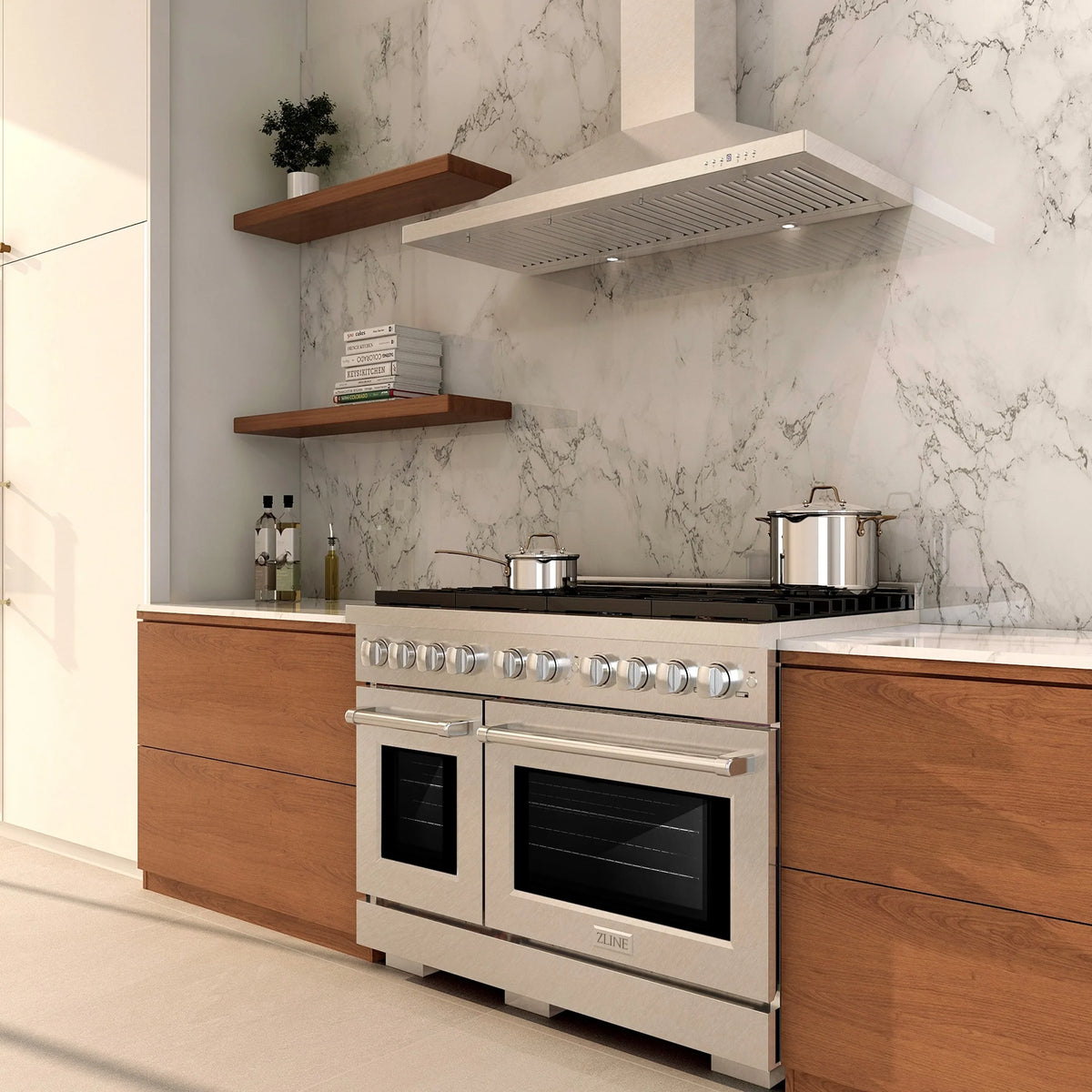 ZLINE 48-Inch 6.7 cu. ft. Paramount Gas Range with 8 Burner DuoPro™ Cooktop and Dual Ovens in Satin Stainless Steel in a kitchen