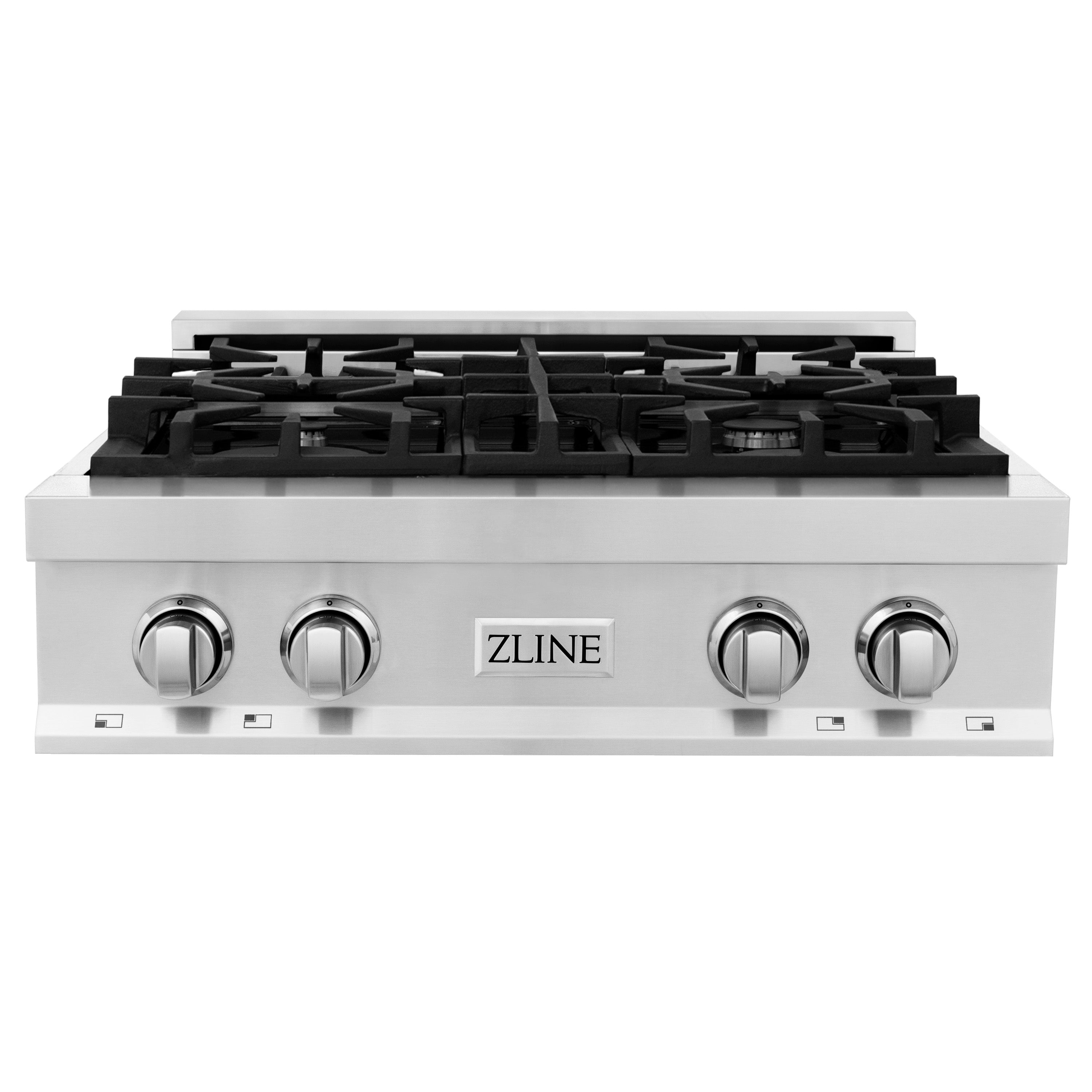 Stainless steel gas rangetop with four burners and control knobs