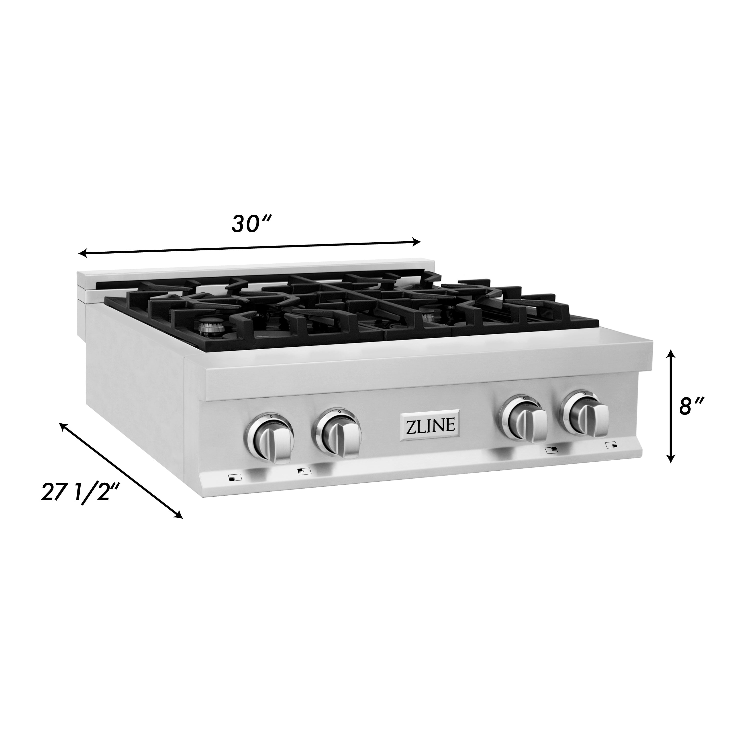 30-inch stainless steel gas rangetop with four burners and control knobs